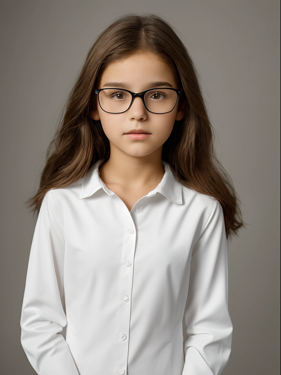 Realistic Photo of an 11-year-old girl of European appearance with thick brown hair to the shoulder blades, Big shiny brown eyes, long eyelashes, eyeglasses, Serious, хмурая, A bored look, looks at the camera from under his eyebrows, slight tilt of the head forward and down, In the look you can read the desire to leave here; white long-sleeved shirt, black jacket; Without cosmetics; Direct view(full face); Professional studio photography with a film SLR camera("Zorkiy-4"), (passport photo), hight resolution, detailed skin texture, natural lightin, 8K, Texture of the photo card