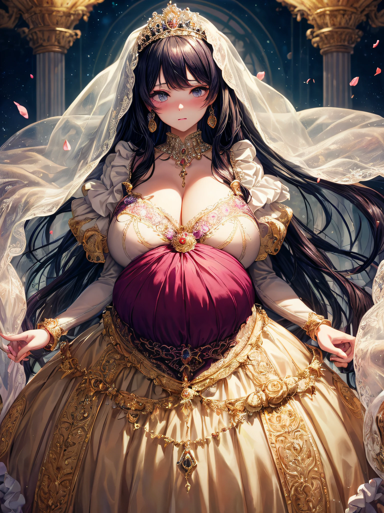 (masterpiece, best quality,extremely detailed:1.1),(moe anime art style:1.2),1girl,((full body,focus face)),((solo)), cute, kawaii,digital art,((1 bling-bling pregnant princess wearing beautiful embroidery and jeweled gorgeous rococo ballgown with jeweled voluminous full length hoop skirt)),(((heavily pregnant))),very big pregnant belly,((crinoline)),long train,voluminous frills,See-through,(gorgeous embroidery and beautiful lace),((very gigantic boobs,skindentation)),cleavage,shiny hair,(((very long hair,very long straight hair))),((embarrassed)),anguish,((finely detailed face and eyes)),clear pupil,extremely gorgeousfull hair ornament,(bling-bling jeweled extremely gorgeousfull tiara),(bling-bling gorgeous gemstone jewelry),long veil,(beautiful background),fantasy background,flowers,flower petals flowing,full body,((beautiful embroidery and jeweled ruffled gorgeous rococo ballgown with voluminous full length hoop skirt))