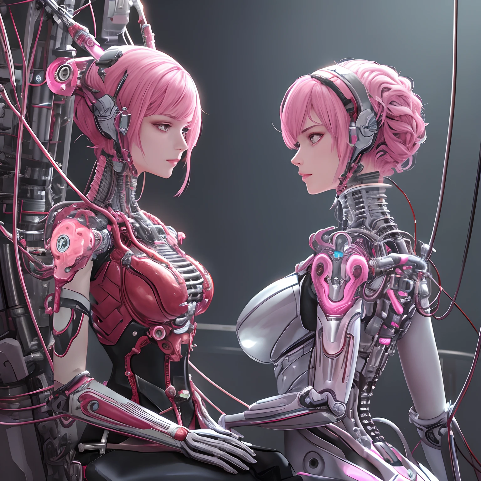 1mechanical girl with pink hair,((ultra realistic details)), portrait, global illumination, shadows, octane render, 8k, ultra sharp,metal,intricate, ornaments detailed, cold colors, egypician detail, highly intricate details, realistic light, trending on cgsociety, glowing eyes, facing camera, neon details, machanical limbs,blood vessels connected to tubes,mechanical vertebra attaching to back,mechanical cervial attaching to neck,sitting,wires and cables connecting to head