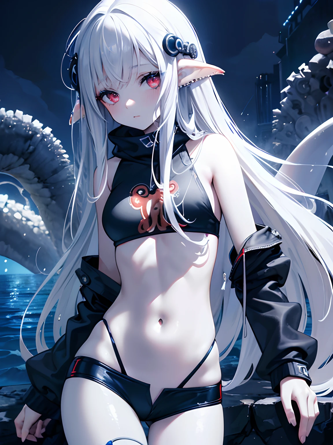 (Obra maestra, La mejor calidad, ultrahigh resolution),1girl,ojos rojos, Cara hermosa y detallada, ojos detallados,(Chica calamar,tentacles), Moda Rock Punk,en la playa, Noche,((Tema gris y azul))