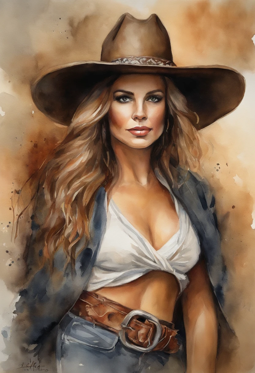 1 mujer, vaquera, Perfect Anatomia, cuerpo completo, cabello negro, Mirando al observador, long eyeslashes, sombrero, chaleco de cuero, Camisa blanca atada a la cintura, Cowboy belt with silver buckle, pantalones vaqueros, pantys, Botas vaqueras, Cenario del Viejo Oeste, Hora dorada
