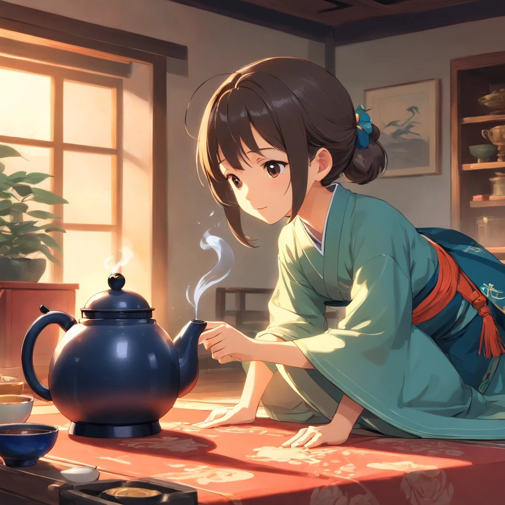 Anime 7--old l in Hanfu standing next to a teapot, flatchest,full bodyesbian,Boiling a teapot over charcoal on the stove, Side Body,stove,charcoal fire,teapot,Please wear black cloth shoes,author:author:Qu Leilei, author:Chen Dafu, author:Xia Gui, author:Elephant Kazuyoshi, by Yang J, author:Qiu Ying, author:Chen Jiasui, author:shaggy, author:Xia Yong, author:Yao Tingmei, Drinking tea, By Li Song