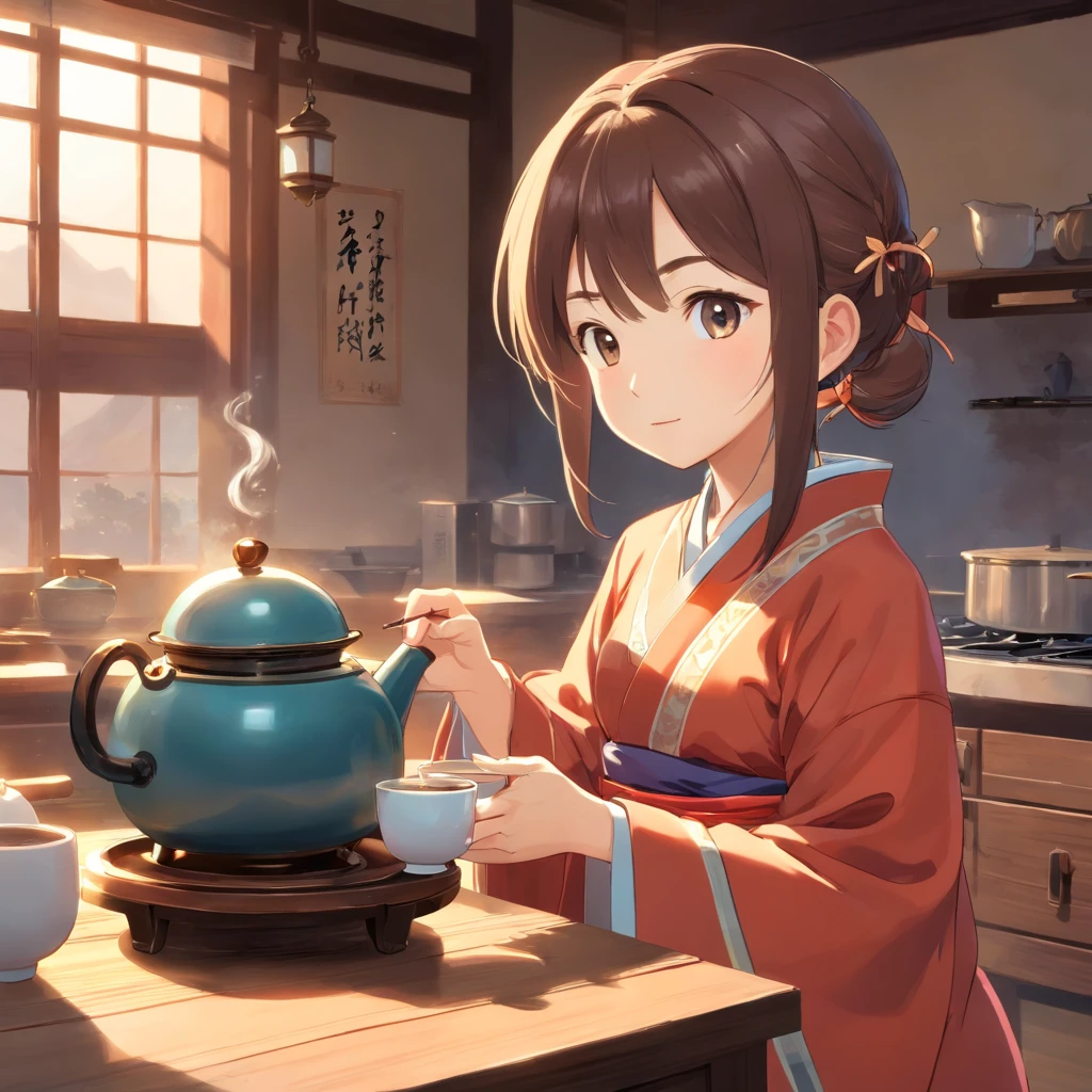 Anime 7-year-old girl in Hanfu standing next to a teapot, flatchest，full bodyesbian，Boiling a teapot over charcoal on the stove, Side Body，stove，charcoal fire，teapot，Please wear black cloth shoes，author：author：Qu Leilei, author：Chen Dafu, author：Xia Gui, author：Elephant Kazuyoshi, by Yang J, author：Qiu Ying, author：Chen Jiasui, author：shaggy, author：Xia Yong, author：Yao Tingmei, Drinking tea, By Li Song