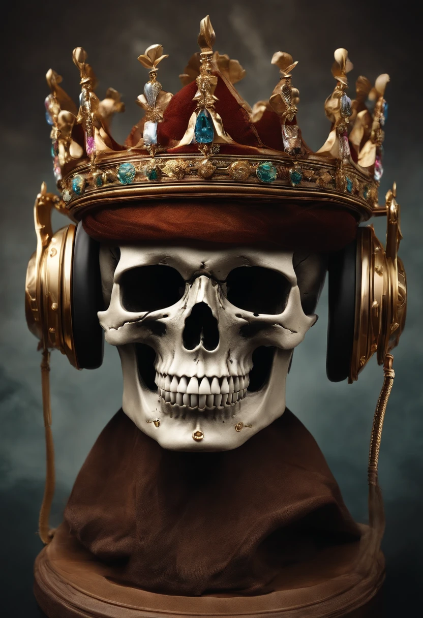 "skull, with an ostentatious crown on his head, segurando um smartphone moderno com uma tela brilhante, using state-of-the-art headphones."