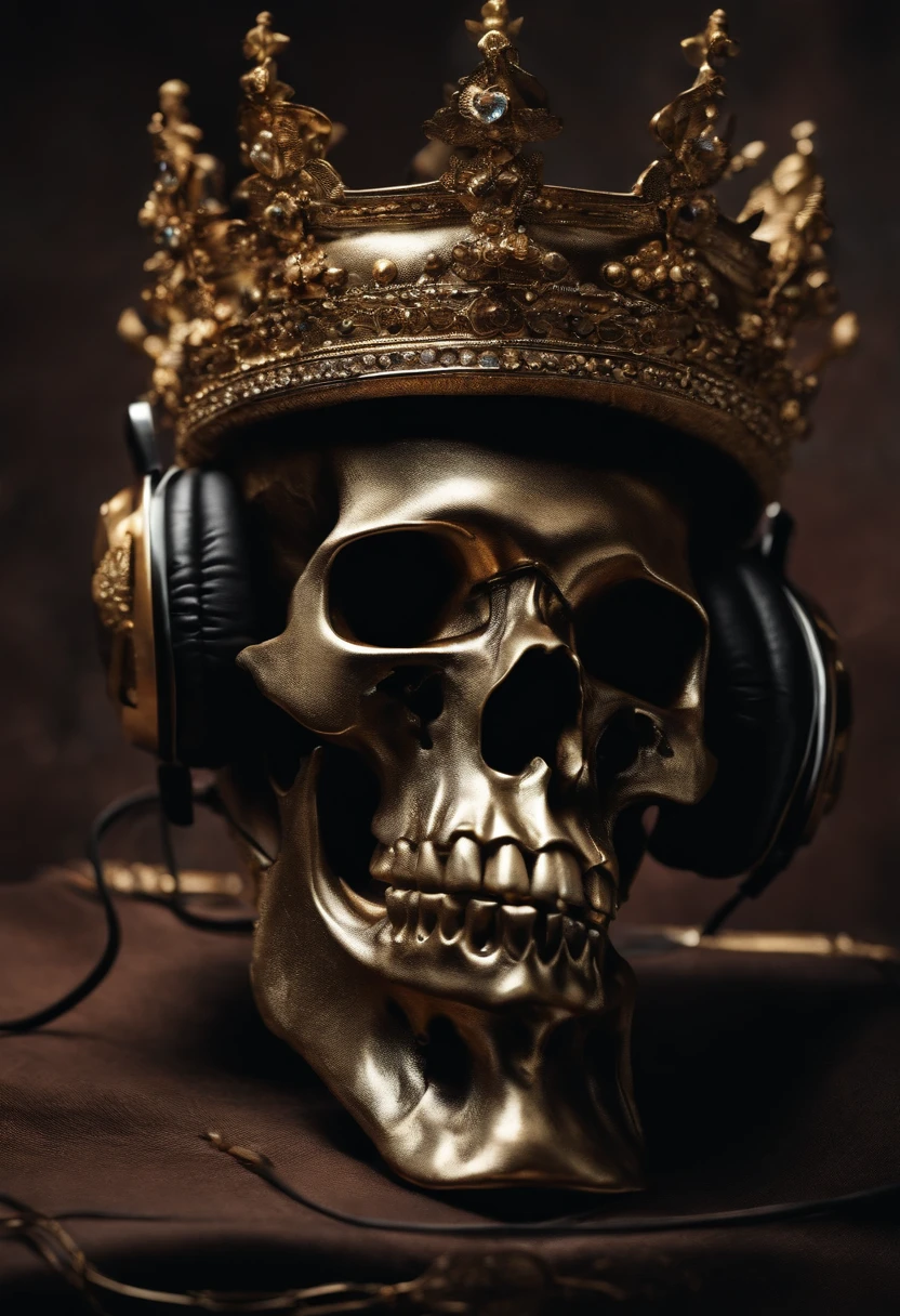 "skull, with an ostentatious crown on his head, segurando um smartphone moderno com uma tela brilhante, using state-of-the-art headphones."