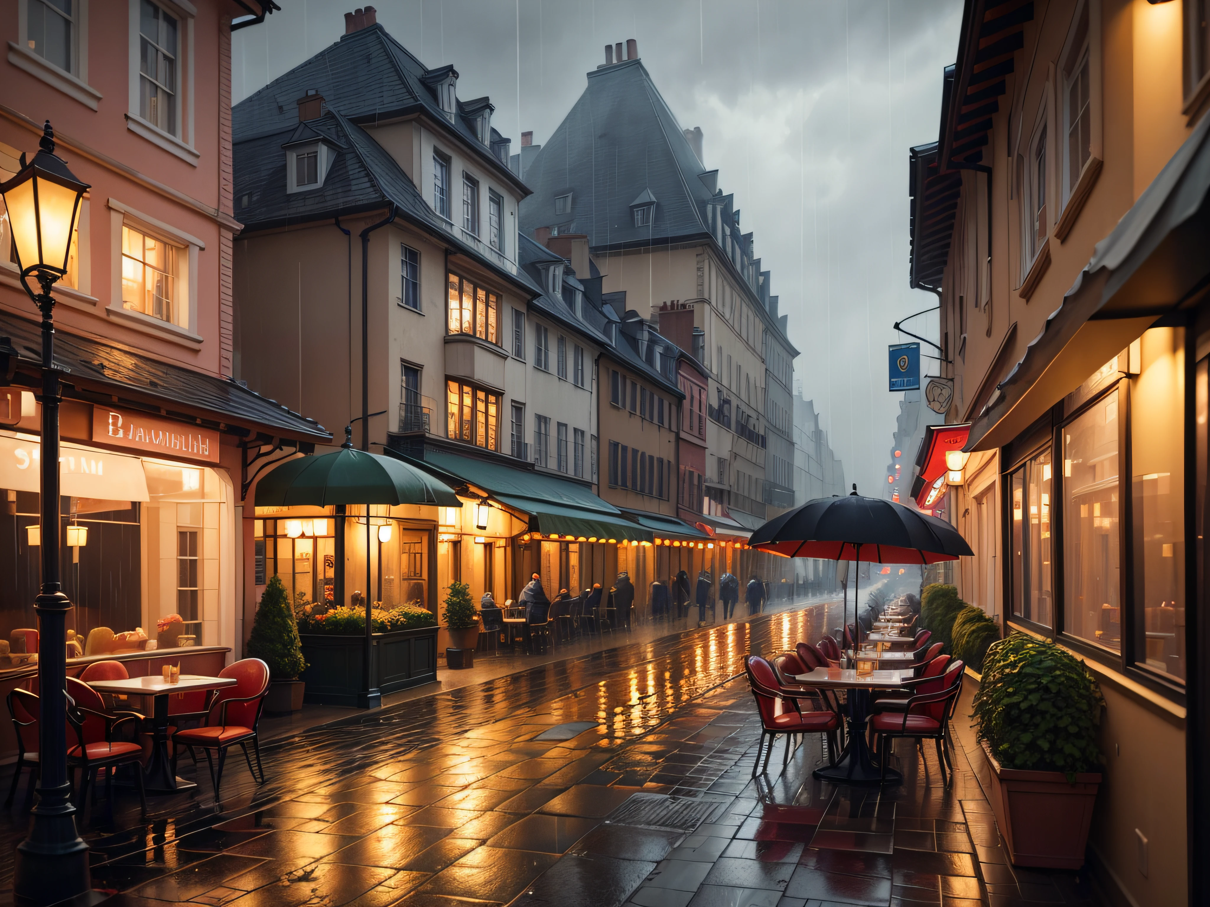 painting of a restaurant with tables and umbrellas on a rainy day, rainy evening, raining outside the cafe, rainy scene, rainy afternoon, in the rain in the early evening, outdoors european cityscape, by Frank Buchser, in a sidewalk cafe, rainy street, at evening during rain, romantic painting, detailed street, extremly detailed oil painting, by Bernard D’Andrea