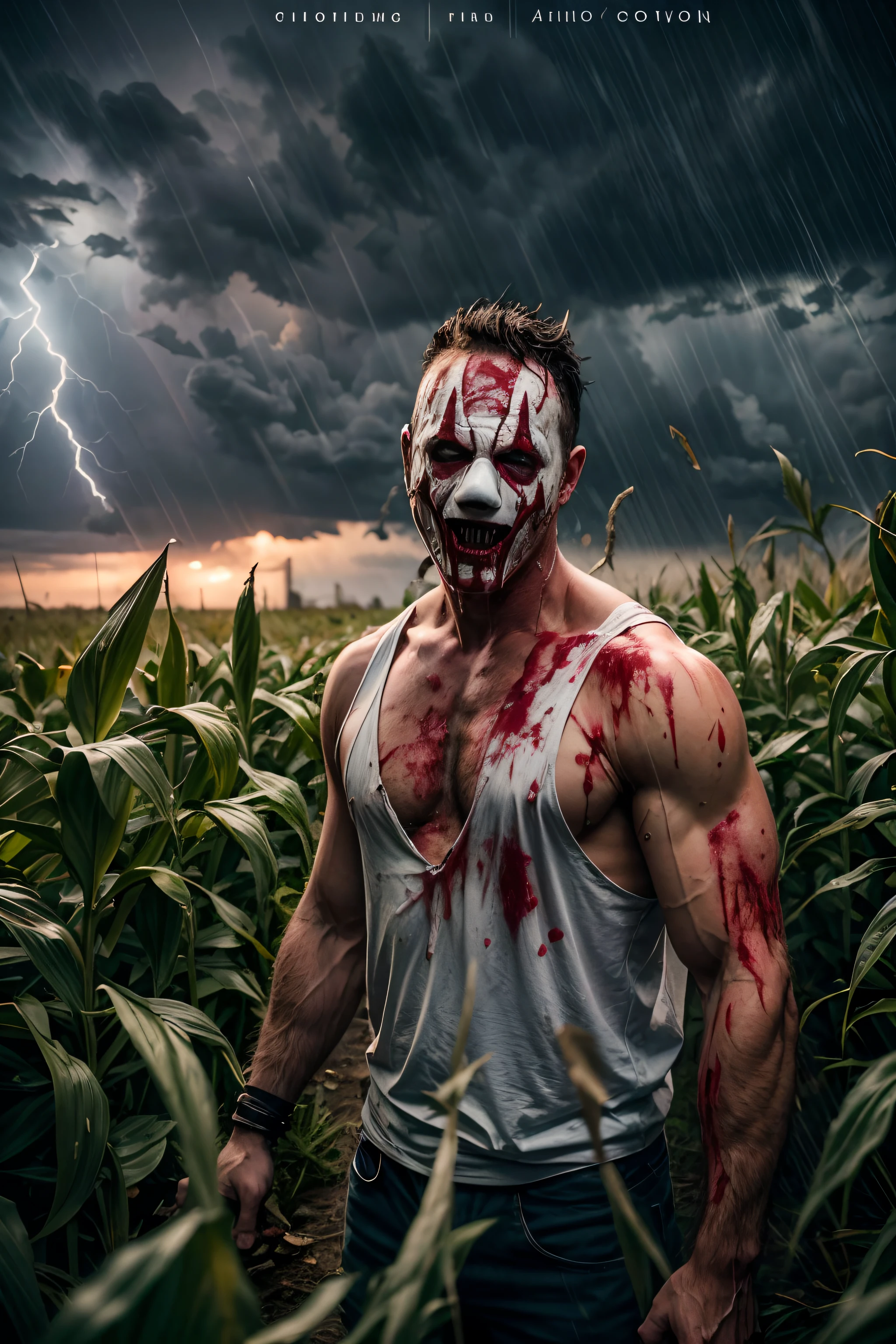 Photo of (terrifying) hulking male slasher covered in blood in a cornfield, clown mask, white-tank-top, lightening, rain, dramatic lightening, (low angle shot), detailed, high quality, high resolution, 8k, high saturation