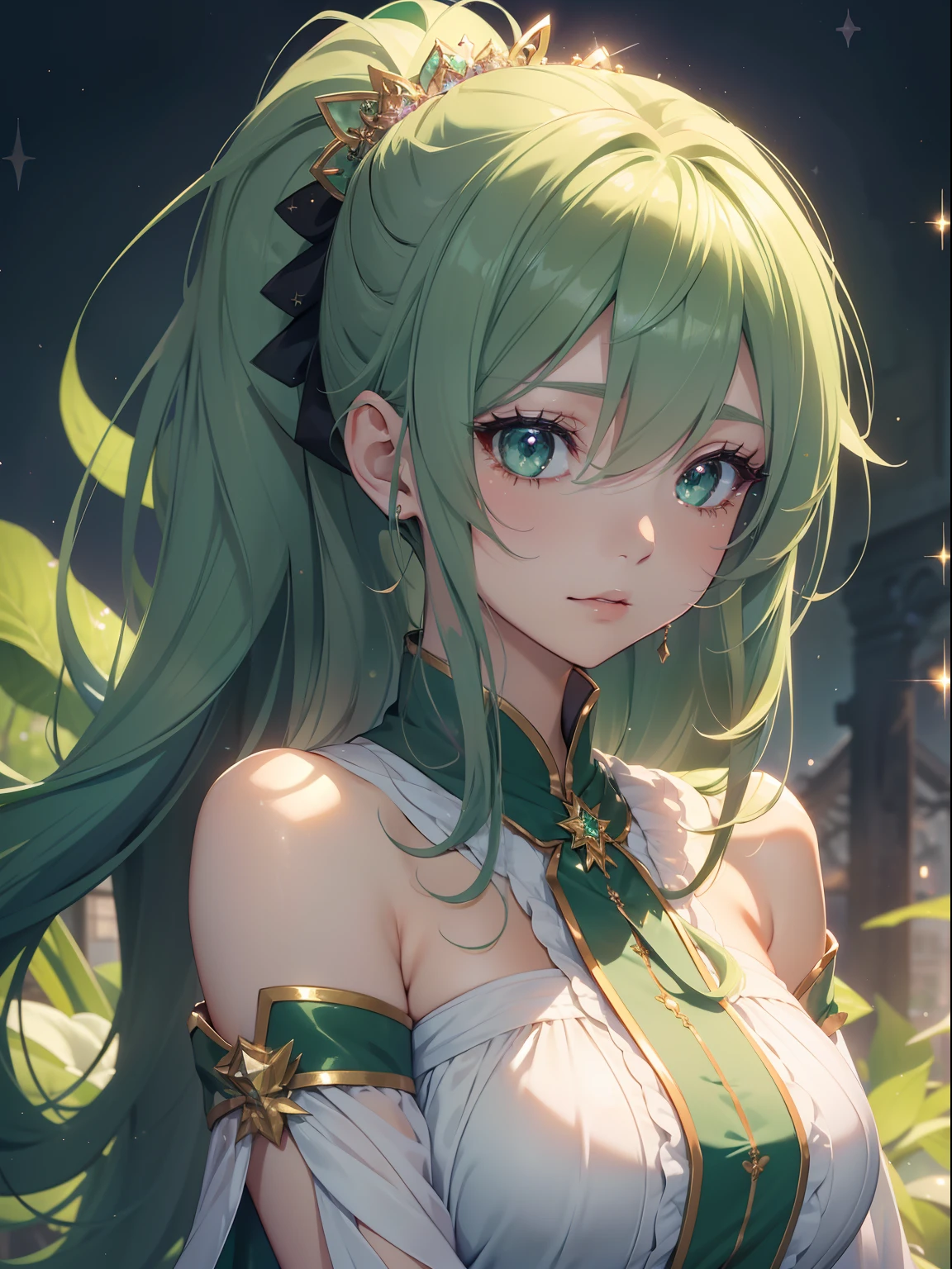 masutepiece, High resolution, 8K, anime woman, Delicate and detailed writing 、Detailed digital illustration、absurdly long hair、(((Ponytail)))、Shiny hair、a very beautiful woman、Eyes are double, Large,Little hanging eyes、 Bust E Cup、High image quality, High quality、Detailed background、((Wizard background))、The inside of the eye shines like a diamond、(((Dark green hair)))、Gradient pupil、(((2 arms、4 fingers, 1 thumb)))、Detailed female face、a very beautiful woman、、细致背景、masterpiece、Soft Focus , Bright gradient watercolor , Lens Flare , (((Glitter))) , Glow , Dreamy ,a miniskirt、Idol、Light Green Ribbon、Very beautiful light green rose hair accessories、Light green and gold costume with white as the main color、((Macroface))、(Cool Girl).Tall lady、Dignified.((No bangs))、(((Wizard costume)))
