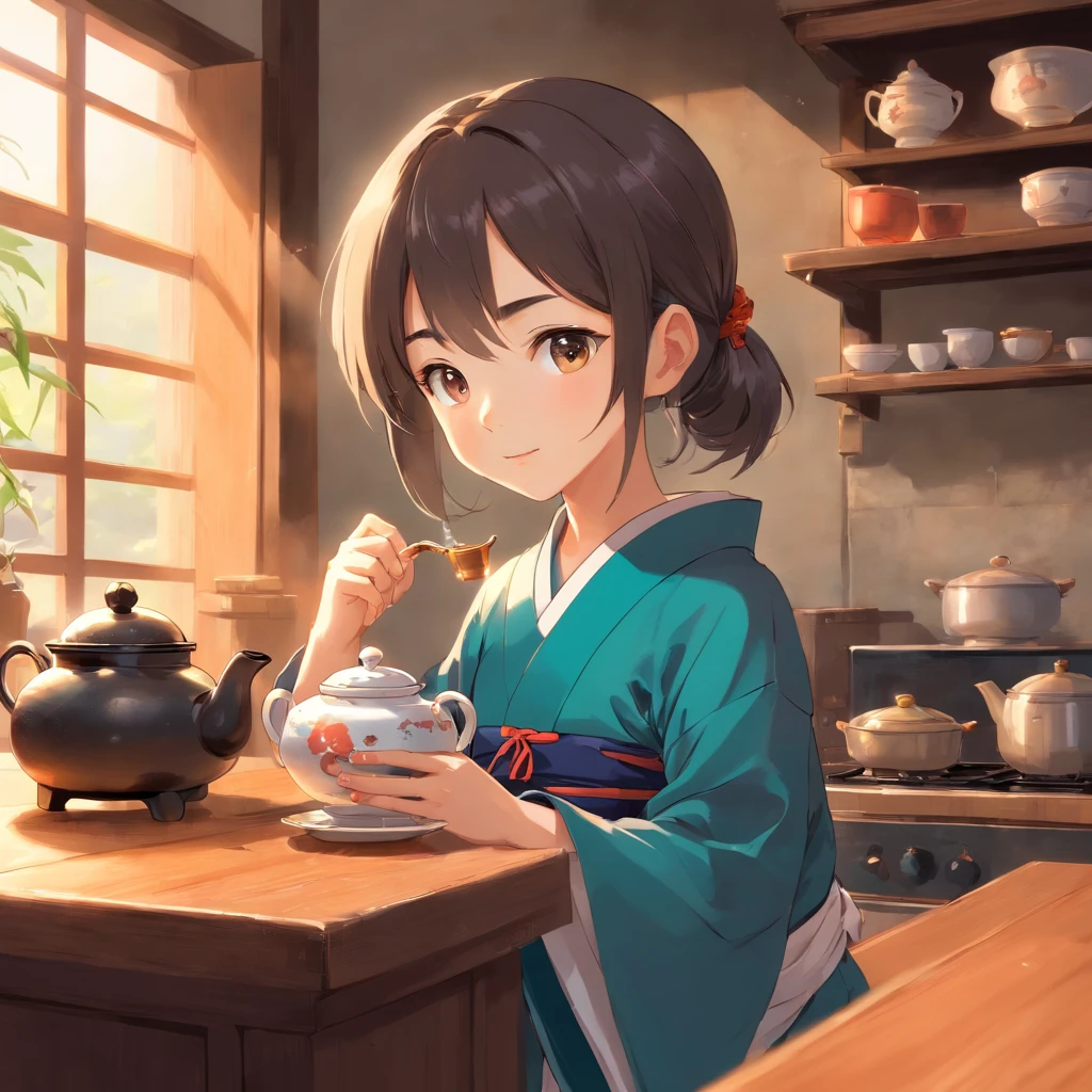 Anime 7-year-old girl in Hanfu standing next to a teapot, flatchest,full bodyesbian,Boiling a teapot over charcoal on the stove, Side Body,stove,charcoal fire,teapot,Please wear black cloth shoes,author:author:Qu Leilei, author:Chen Dafu, author:Xia Gui, author:Elephant Kazuyoshi, by Yang J, author:Qiu Ying, author:Chen Jiasui, author:shaggy, author:Xia Yong, author:Yao Tingmei, Drinking tea, By Li Song