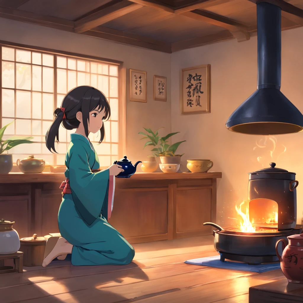 Anime 7--old l in Hanfu standing next to a teapot, flatchest，full bodyesbian，Boiling a teapot over charcoal on the stove, Side Body，stove，charcoal fire，teapot，Please wear black cloth shoes，author：author：Qu Leilei, author：Chen Dafu, author：Xia Gui, author：Elephant Kazuyoshi, by Yang J, author：Qiu Ying, author：Chen Jiasui, author：shaggy, author：Xia Yong, author：Yao Tingmei, Drinking tea, By Li Song