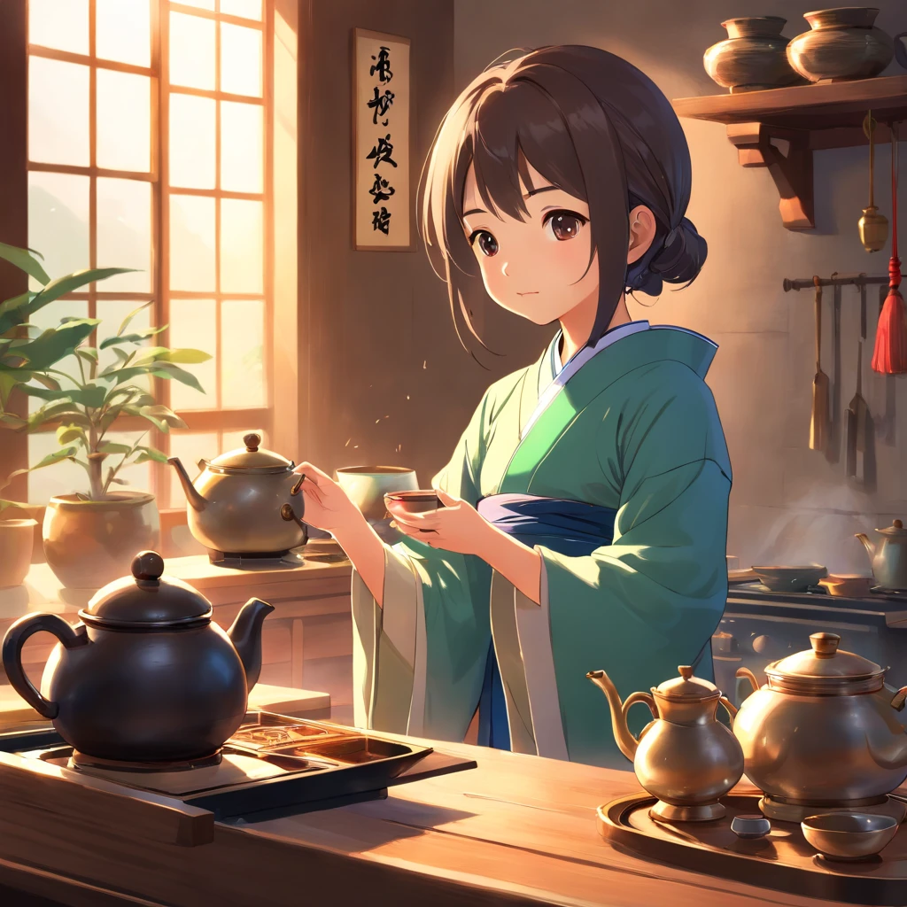 Anime 7--old l in Hanfu standing next to a teapot, flatchest,full bodyesbian,Boiling a teapot over charcoal on the stove, Side Body,stove,charcoal fire,teapot,Please wear black cloth shoes,author:author:Qu Leilei, author:Chen Dafu, author:Xia Gui, author:Elephant Kazuyoshi, by Yang J, author:Qiu Ying, author:Chen Jiasui, author:shaggy, author:Xia Yong, author:Yao Tingmei, Drinking tea, By Li Song