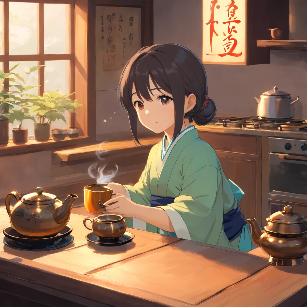 Anime 7-year-old girl in Hanfu standing next to a teapot, flatchest,full bodyesbian,Boiling a teapot over charcoal on the stove, Side Body,stove,charcoal fire,teapot,Please wear black cloth shoes,author:author:Qu Leilei, author:Chen Dafu, author:Xia Gui, author:Elephant Kazuyoshi, by Yang J, author:Qiu Ying, author:Chen Jiasui, author:shaggy, author:Xia Yong, author:Yao Tingmei, Drinking tea, By Li Song