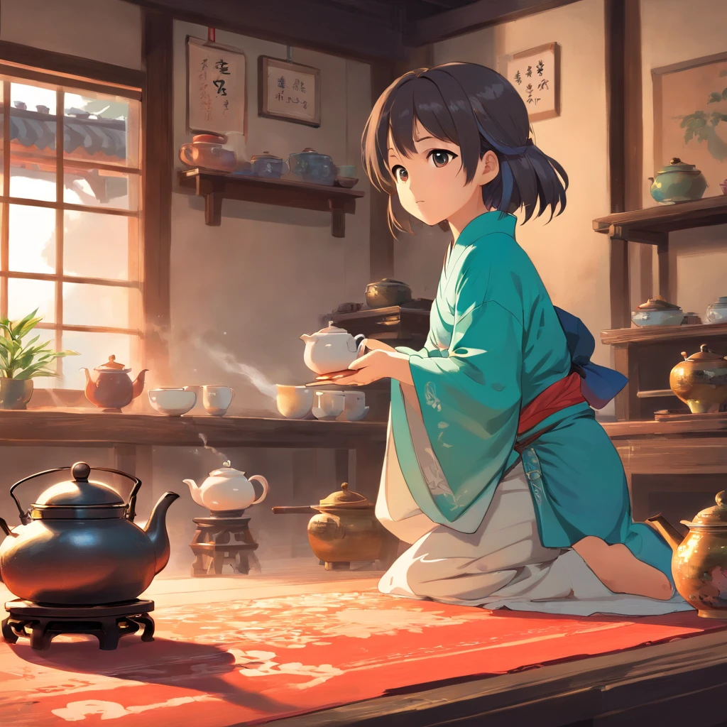 Anime 7-year-old girl in Hanfu standing next to a teapot, flatchest,full bodyesbian,Boiling a teapot over charcoal on the stove, Side Body,stove,charcoal fire,teapot,Please wear black cloth shoes,author:author:Qu Leilei, author:Chen Dafu, author:Xia Gui, author:Elephant Kazuyoshi, by Yang J, author:Qiu Ying, author:Chen Jiasui, author:shaggy, author:Xia Yong, author:Yao Tingmei, Drinking tea, By Li Song