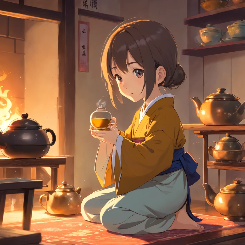 Anime 7--old l in Hanfu standing next to a teapot, flatchest，full bodyesbian，Boiling a teapot over charcoal on the stove, Side Body，stove，charcoal fire，teapot，Please wear black cloth shoes，author：author：Qu Leilei, author：Chen Dafu, author：Xia Gui, author：Elephant Kazuyoshi, by Yang J, author：Qiu Ying, author：Chen Jiasui, author：shaggy, author：Xia Yong, author：Yao Tingmei, Drinking tea, By Li Song