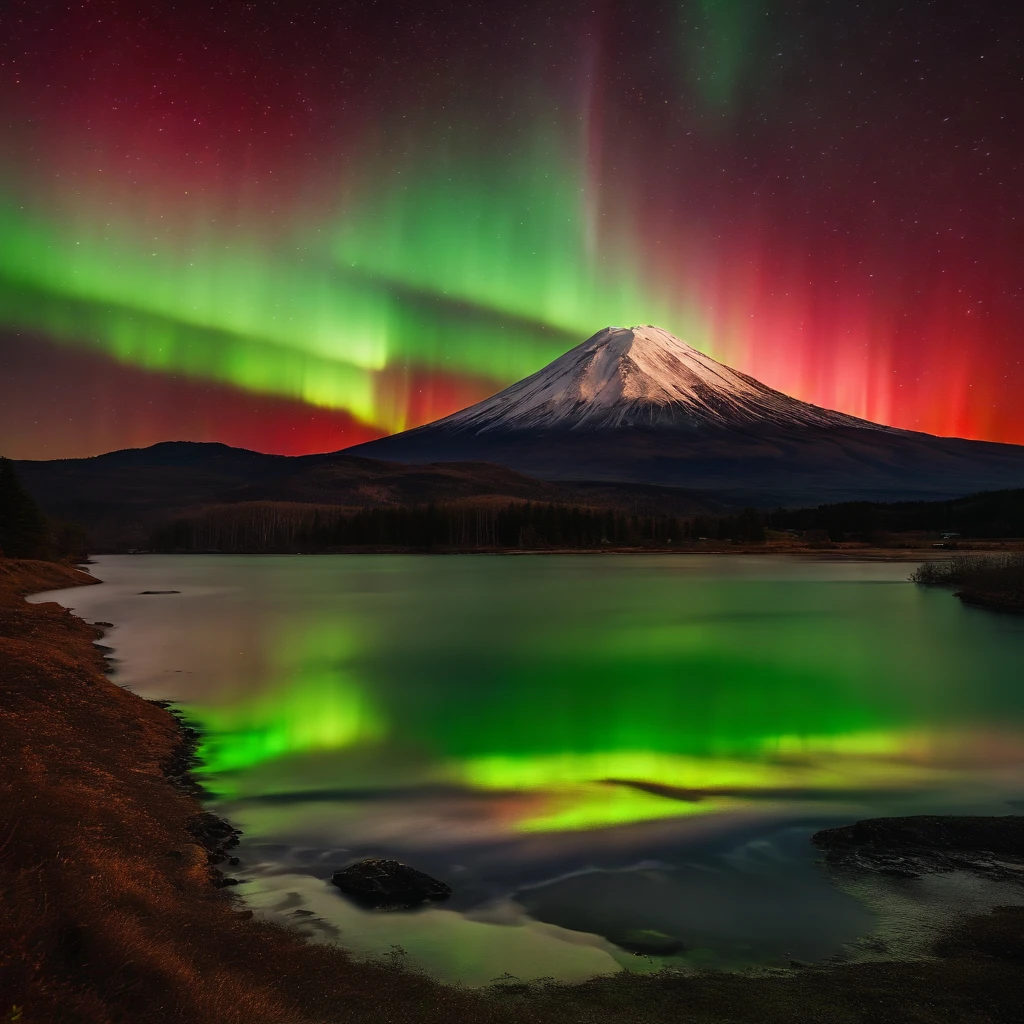 Master Parts、Superior Quality、superior image quality、The 8k quality、Beautiful pictures of the starry sky、magnifica、(Mt fuji:1.25)、Blue glowing lake:1.25、(Red and green aurora borealis:1.5)