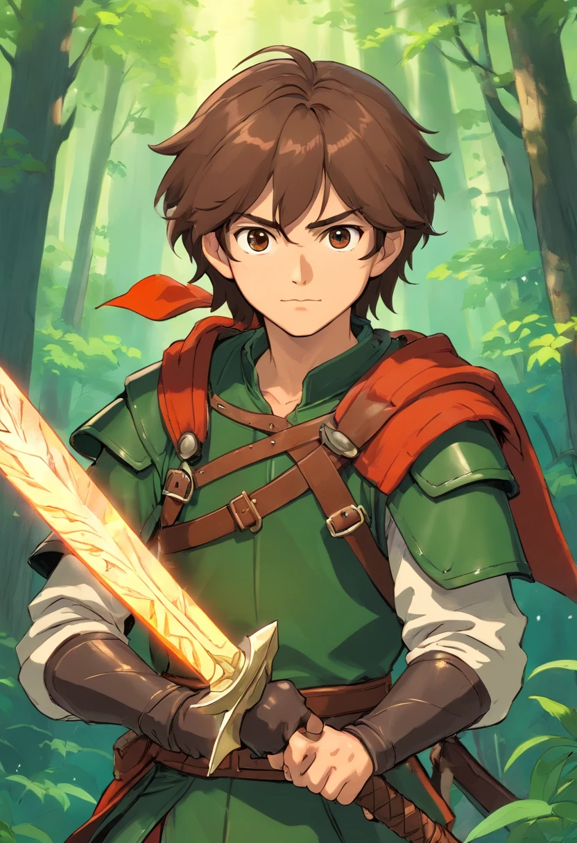 dnd portrait, World of Swords and Magic young male fantasy ranger, wearing woodland leather armor, wielding a short sword and a hatchet, with long brown hair and short shadow beard