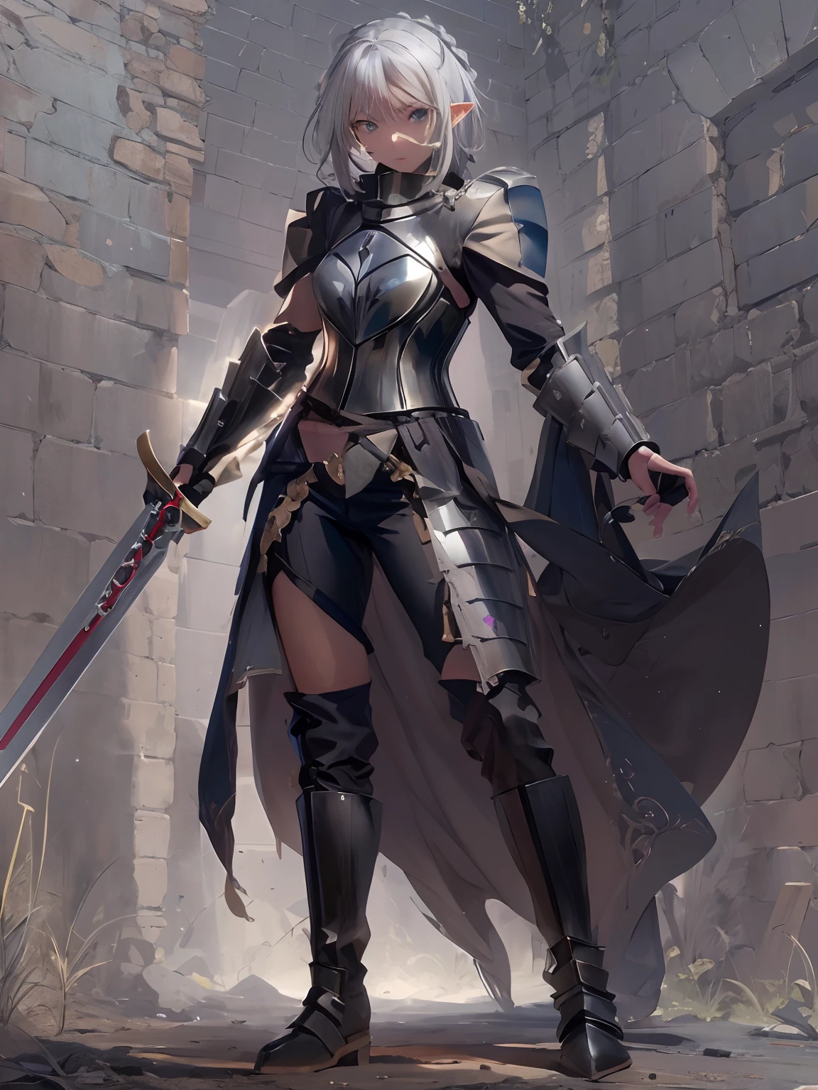 elf woman warrior, light grey skin mutation, short silver hair, "solid colored black eyes, black loose pants, knee high leather boots, in a demonic breastplate armor on torso, with bandolier of dagger across torso, holding a black and silver longsword, fighting pose, full body,