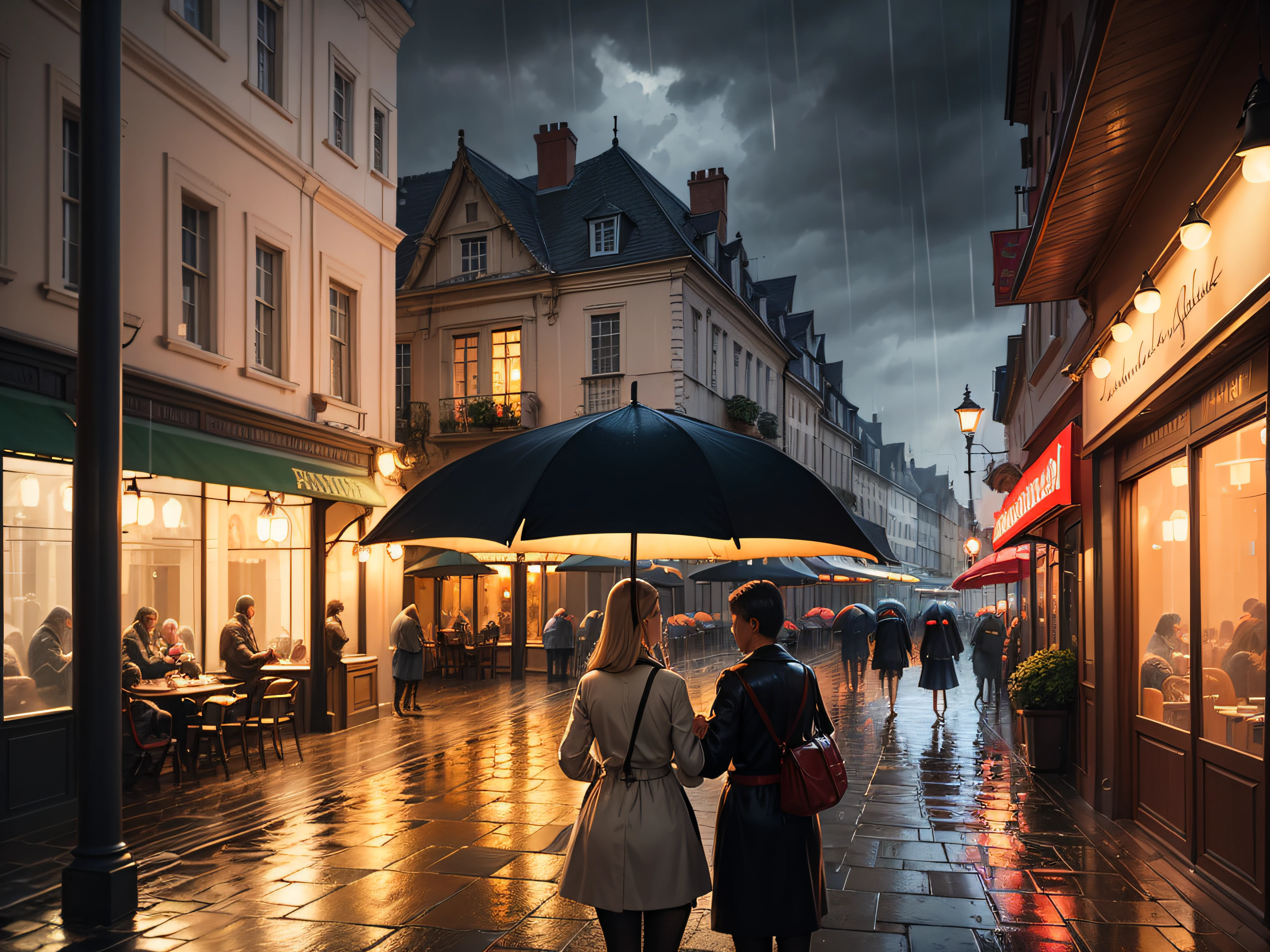 painting of a restaurant with tables and umbrellas on a rainy day, rainy evening, raining outside the cafe, rainy scene, rainy afternoon, in the rain in the early evening, outdoors european cityscape, by Frank Buchser, in a sidewalk cafe, rainy street, at evening during rain, romantic painting, detailed street, extremly detailed oil painting, by Bernard D’Andrea