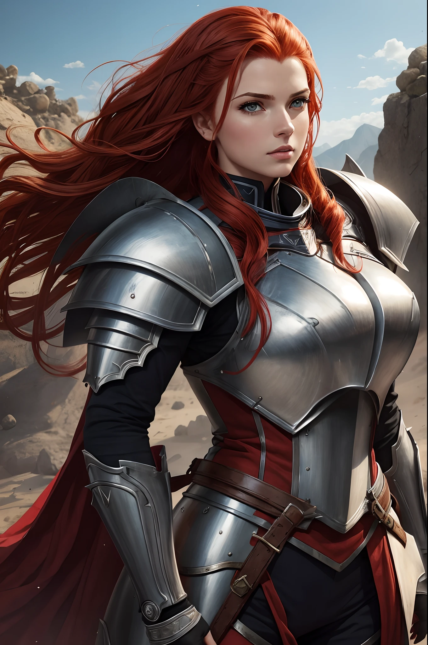 corpo todo de uma mulher com cabelos ruivos usando uma armadura, female redhead templar, Retrato do Paladino Feminino, gorgeous female paladin, retrato cavaleiro feminino, arte de personagem impressionante, female paladin, Alena Aenami e Artgerm, de uma bela cavaleiro feminina, Rainha ruiva em armadura vermelha pesada, cavaleiro feminino bonito, picture of female paladin.