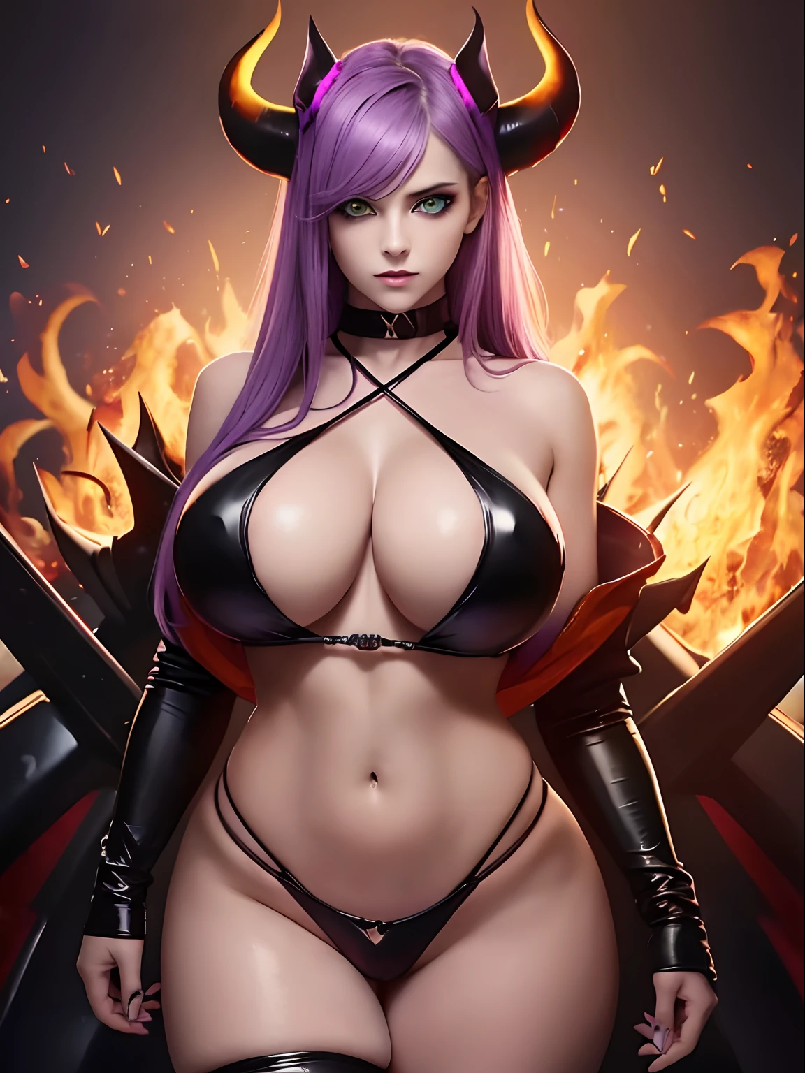 1girl, dark green eyes, long light purple lilac hair, black demon horns, dark makeup, big boobs, cleavage, black latex bikini, black and red and yellow orange flames in background in hell, soft abs, slightly muscular, best quality, realistic eyes, hard nipples poking under clothes
