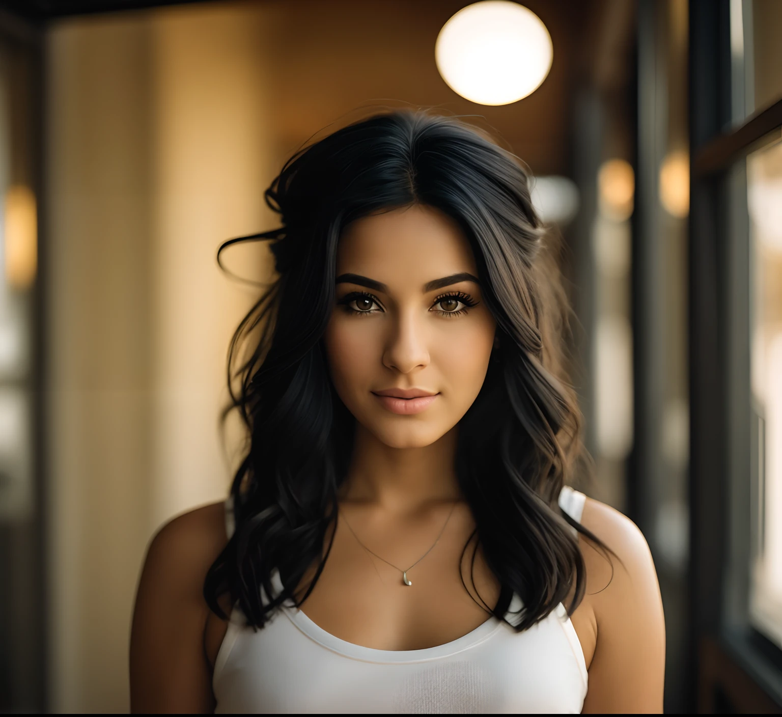 Arafed woman with long black hair and white tank top looking at the camera, lindo rosto latino, foto de uma mulher bonita, Retrato de 50mm, cinematic headshot portrait, Retrato de 60mm, 7 0 mm portrait, Retrato Sophie Mudd, cabelos pretos e olhos grandes, medium portrait soft light, cabelos pretos e olhos castanhos, Retrato mid-shot de uma bela