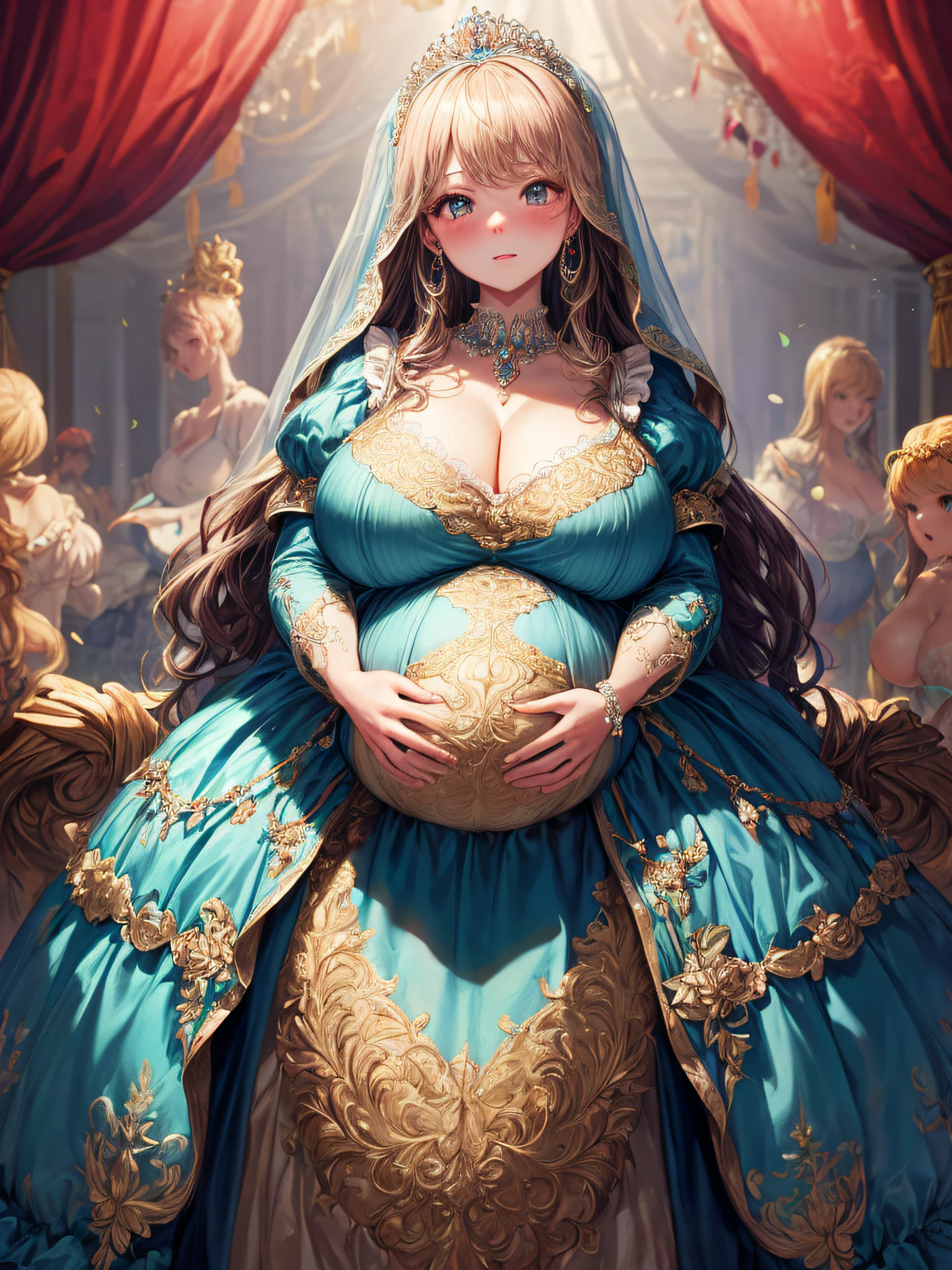 (masterpiece, best quality,extremely detailed:1.1),(moe anime art style:1.2),1girl,((full body,focus face)),((solo)), cute, kawaii,digital art,((1 bling-bling pregnant princess wearing beautiful embroidery and jeweled gorgeous rococo ballgown with jeweled voluminous full length hoop skirt)),(((heavily pregnant))),very big pregnant belly,((crinoline)),long train,voluminous frills,See-through,(gorgeous embroidery and beautiful lace),((very gigantic boobs,skindentation)),cleavage,shiny hair,(((very long hair,very long straight hair))),((embarrassed)),anguish,((finely detailed face and eyes)),clear pupil,extremely gorgeousfull hair ornament,(bling-bling jeweled extremely gorgeousfull tiara),(bling-bling gorgeous gemstone jewelry),long veil,(beautiful background),fantasy background,flowers,flower petals flowing,full body,((beautiful embroidery and jeweled ruffled gorgeous rococo ballgown with voluminous full length hoop skirt))
