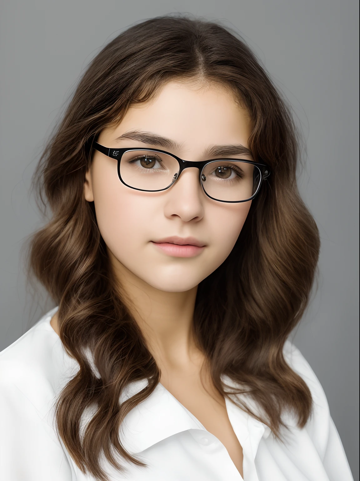 Realistic photo of an -yeld giof European appearance, thick, slightly curly brown hair below the shoulder blades;, Big shiny brown eyes, long eyelashes, eyeglasses, thick eyebrows, Serious, хмурая, A bored look, looks at the camera from under his eyebrows(a slight tilt of the head forward and down), In the look you can read the desire to leave here; white long-sleeved shirt, black jacket; Without cosmetics; Straight posture, Direct view(full face); Professional studio photography with a film SLR camera("Zorkiy-4"), (passport photo), hight resolution, detailed skin texture, natural lightin, 8K, Texture of the photo card