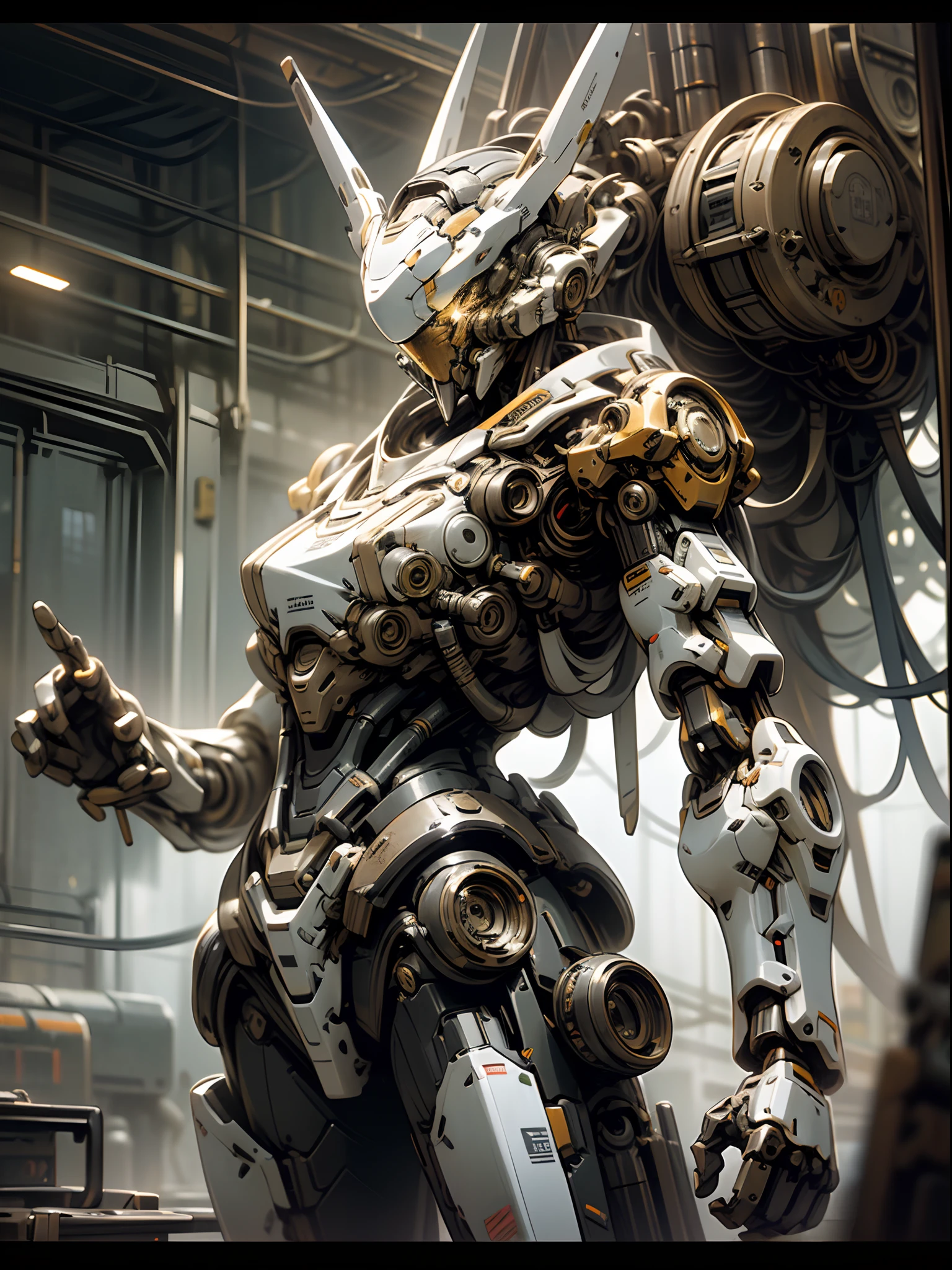 Mechanical steampunk-style mecha girl, made from cybernetic parts, (mecha body), (mecha limbs), ((detailed face)), ((looking at camera)), cowboy shot, cybernetics and servo motors, insane detail, ((dynamic pose)), cinematic lighting, cyberpunk background.