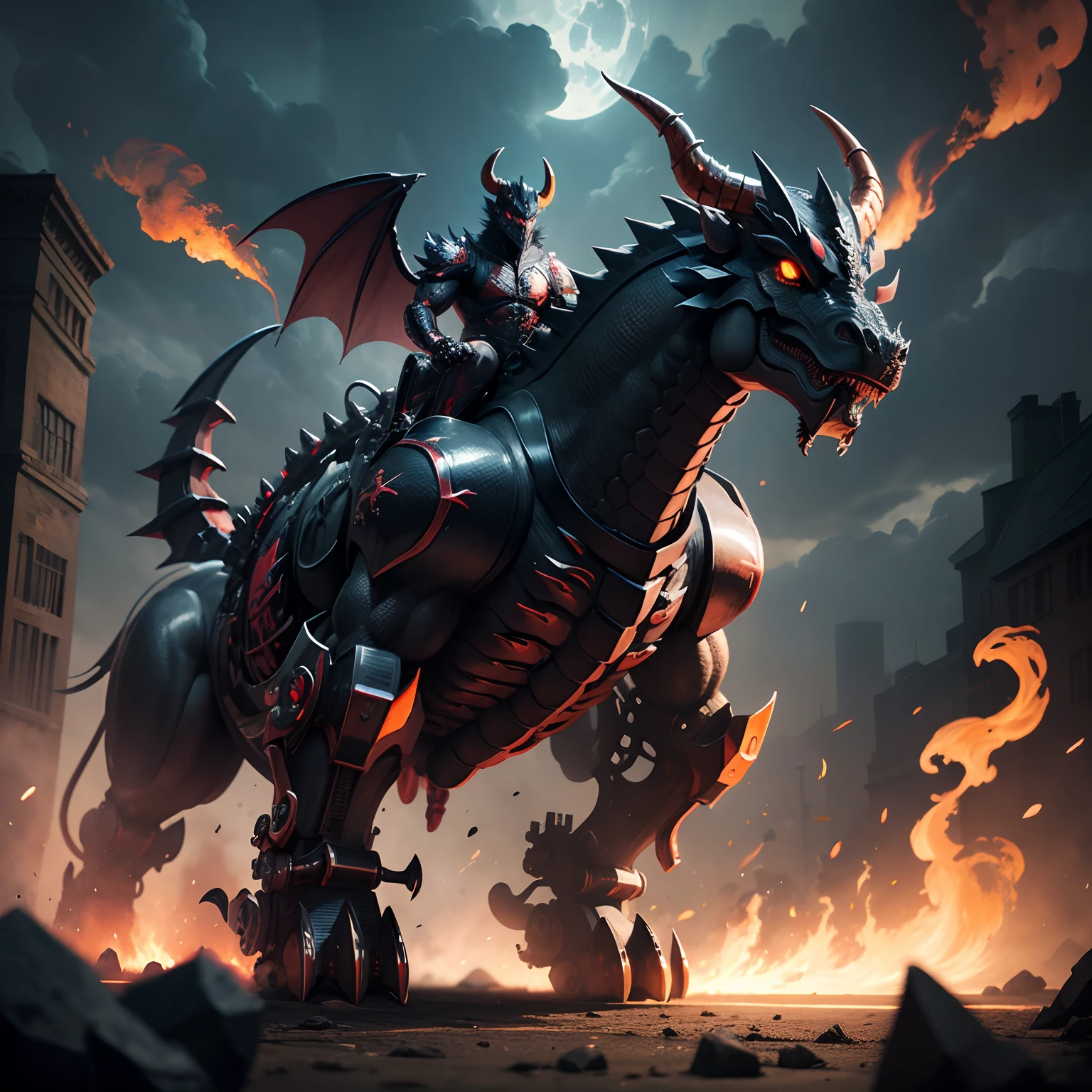 Black-eyed mechanical dragon shaped like a bull. Black fire behind him.