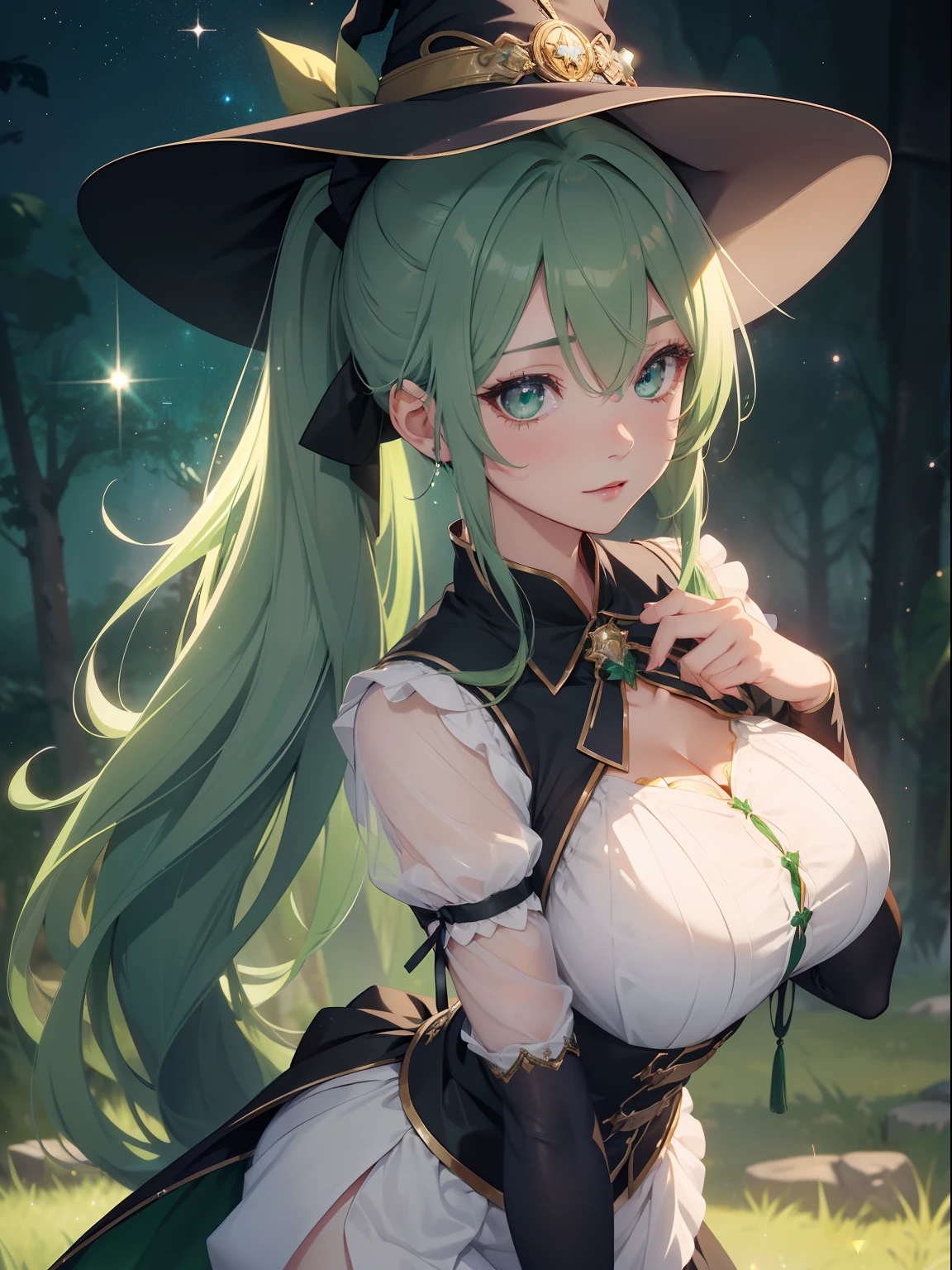 masutepiece, High resolution, 8K, anime woman, Delicate and detailed writing 、Detailed digital illustration、absurdly long hair、(((Ponytail)))、Shiny hair、a very beautiful woman、Eyes are double, Large,Little hanging eyes、 Bust E Cup、High image quality, High quality、Detailed background、((Wizard Background))、The inside of the eye shines like a diamond、(((Dark green hair)))、Gradient pupil、(((2 arms、4 fingers, 1 thumb)))、Detailed female face、a very beautiful woman、、细致背景、​masterpiece、Soft Focus , Bright gradient watercolor , Lens Flare , (((Glitter))) , Glow , Dreamy ,a miniskirt、Idol、Light Green Ribbon、Very beautiful light green rose hair accessories、Light green and gold costume with white as the main color、((Macroface))、(Cool Girl).Tall lady、Dignified.((No bangs))、(((witch)))、holding a magic wand、Thunder background、witch hat