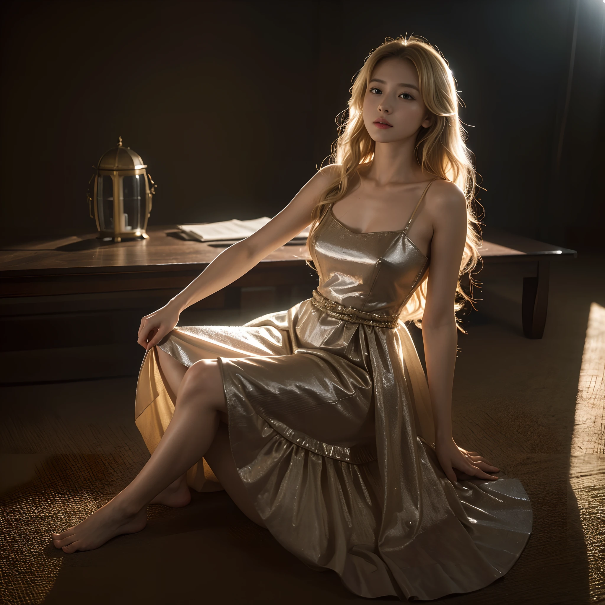 (((nffsw))), (((masutepiece))), (((8K))), (((hight resolution))), (((surrealism))), (((Cinematic lighting))), god rays, Zoom Layer, (((FULL BODYSHOT))), F/4.0, canon, Shiny skin,Detailed skin,Detailed face, Detailed eyes, Ulkulin girl, Long Blonde Hair, serious facial expression, Young princess of Ulkulin folktale, battle field、Princess who lost the war、 The dress has been taken off、Underwear is visible