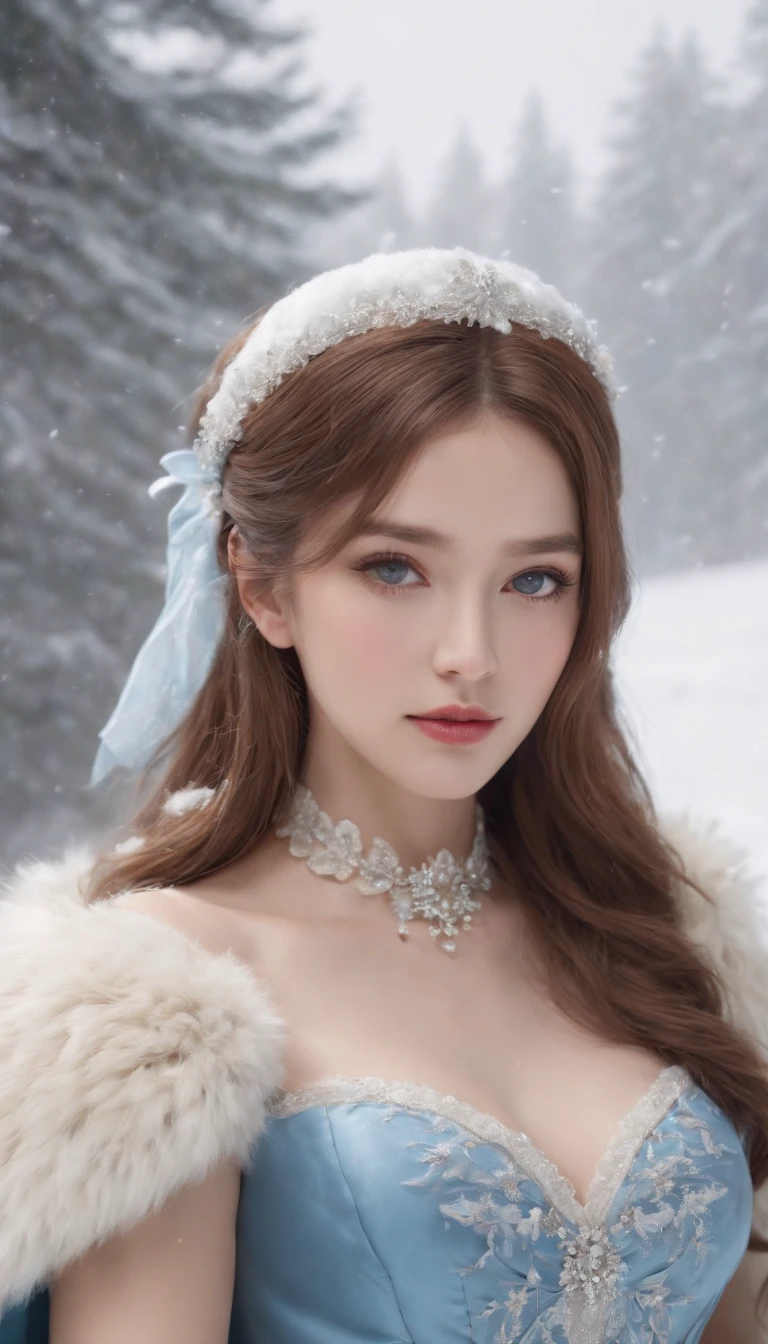 (Best quality, 8K, 32K，The details are super clear),Photorealistic, high resolution, 1 Japan Women, Solo, (ta costume)，Gorgeous costumes，Face the audience，(The upper part of the body，upper legs)， beautidful eyes, Brown hair, ringed eyes, (outside，Heavy snowfall，Thick fur cape，Cover with snow)，snowfield，Blue eyes，Illustrations of the highest quality，A meticulous face