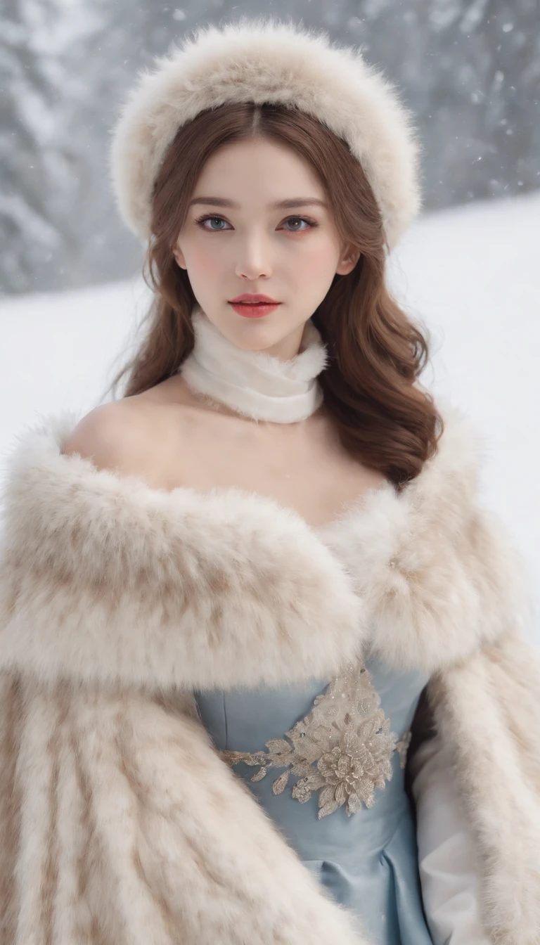 (Best quality, 8K, 32K,The details are super clear),Photorealistic, high resolution, 1 Japan Women, Solo, (ta costume),Gorgeous costumes,Face the audience,(The upper part of the body,upper legs), beautidful eyes, Brown hair, ringed eyes, (outside,Heavy snowfall,Thick fur cape,Cover with snow),snowfield,Blue eyes,Illustrations of the highest quality,A meticulous face