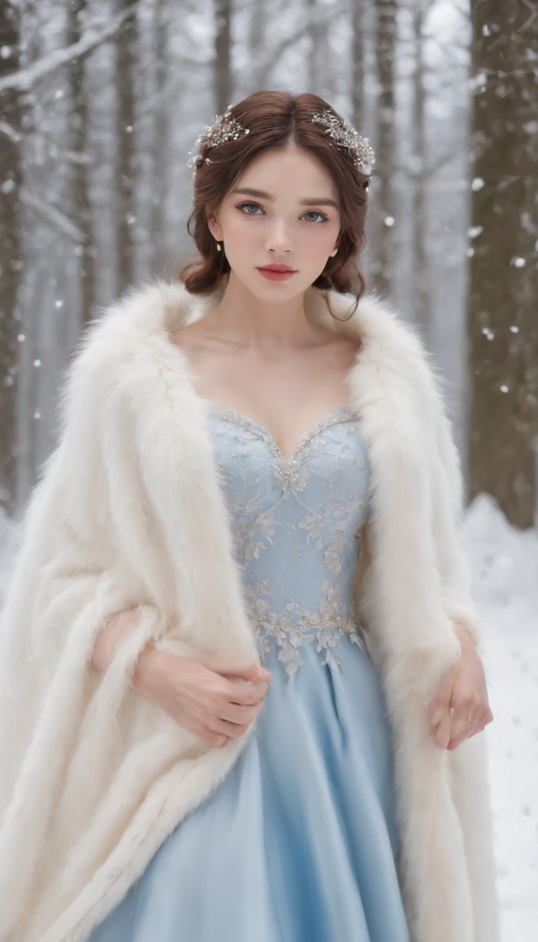 (Best quality, 8K, 32K,The details are super clear),Photorealistic, high resolution, 1 Japan Women, Solo, (ta costume),Gorgeous costumes,Face the audience,(The upper part of the body,upper legs), beautidful eyes, Brown hair, ringed eyes, (outside,Heavy snowfall,Thick fur cape,Cover with snow),snowfield,Blue eyes,Illustrations of the highest quality,A meticulous face