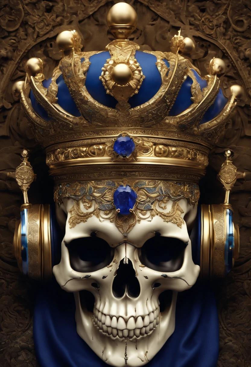 "skull, with an ostentatious crown on his head, ((( intricate details ))), ornated with lapus lazuli, segurando um smartphone moderno com uma tela brilhante, using state-of-the-art headphones."