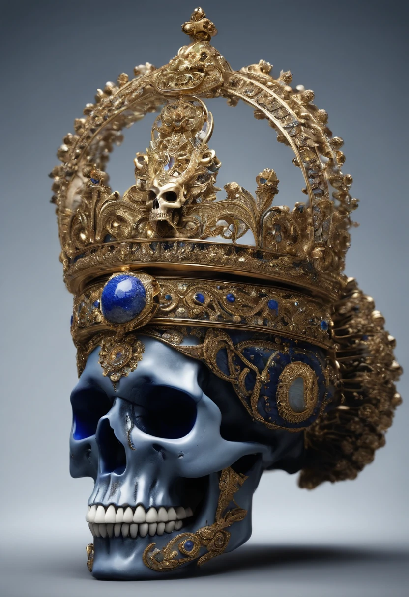 "skull, with an ostentatious crown on his head, ((( intricate details ))), ornated with lapus lazuli, segurando um smartphone moderno com uma tela brilhante, using state-of-the-art headphones."