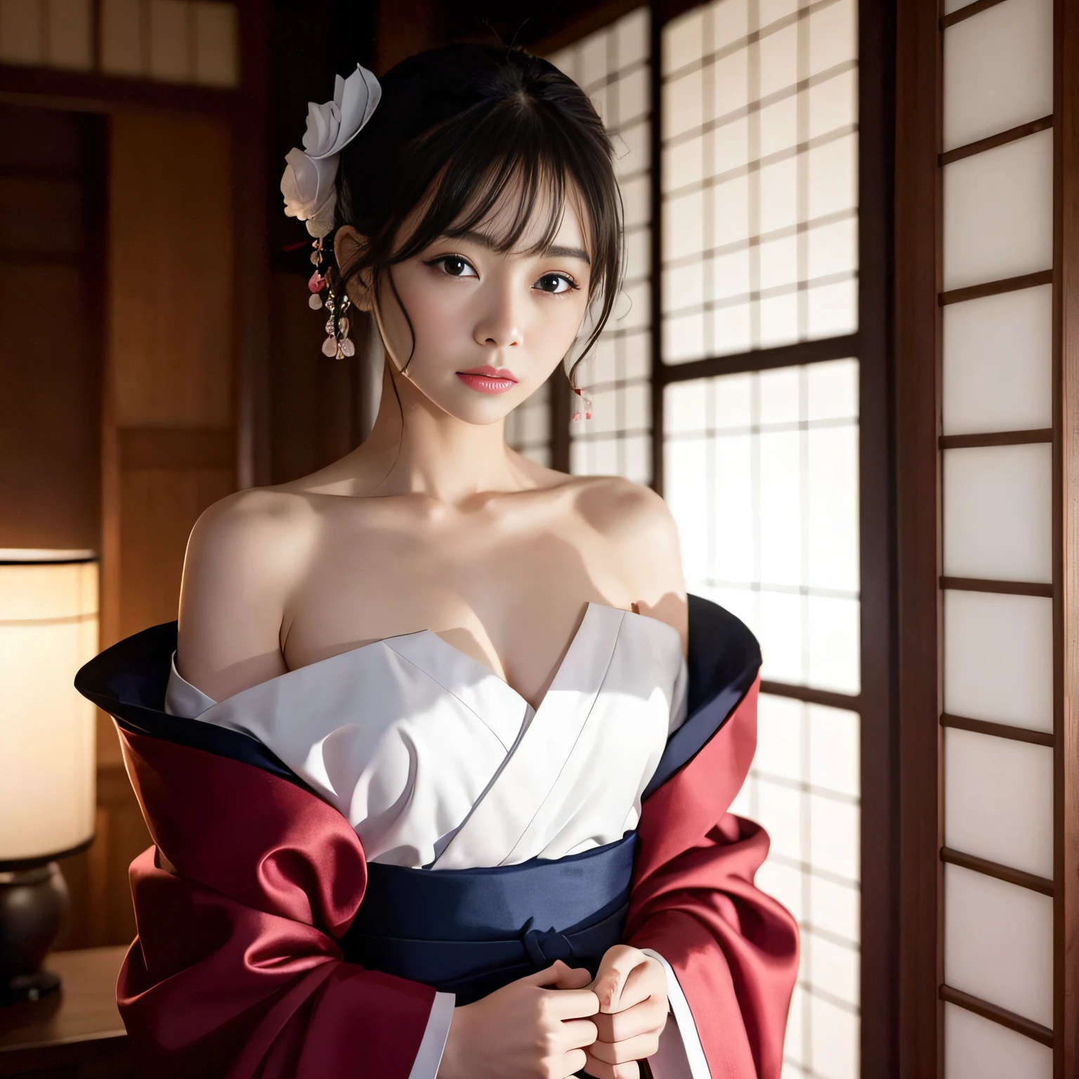 (1girl in:1.3),独奏,A Japanese Lady、Idle face、cute little、body-parts, Official Art、Unity 16k壁紙、The chest is open、The kimono shifts and the shoulders are visible.、ultra-detailliert、Beautifully Aesthetic、Beautiful fece、(masterpiece、top-quality)、 kimono、Silk robes、Origami spells、elegance、Disturbed、Bust top、The kimono is up to the waist.、Hiding the chest with hands、Dimly lit mansion,The smell of Eros、