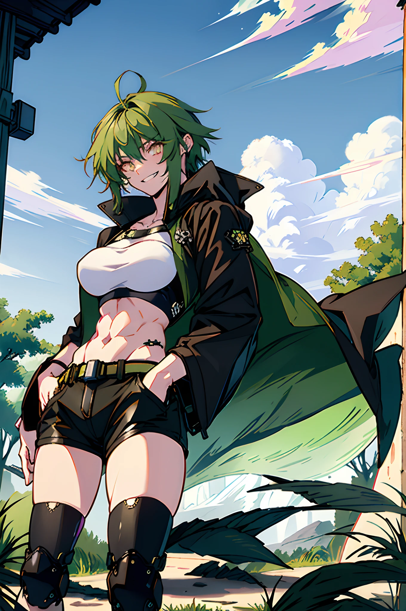 ((1 boy, brown hair, brown pants, no blouse, a bracelet on his arms, a backpack on his back, with a boot, a belt with a sword)),((muscle)),((yellow eyes, happy face )),((1 cyborg woman, one bionic arm,((gigantic breasts, bare breasts, bare pussy, erect breasts, grabbing breasts)),((green hair)),((1 red eye and 1 black eye, Dude desperate)) ,((In a haunted forest, at night)),