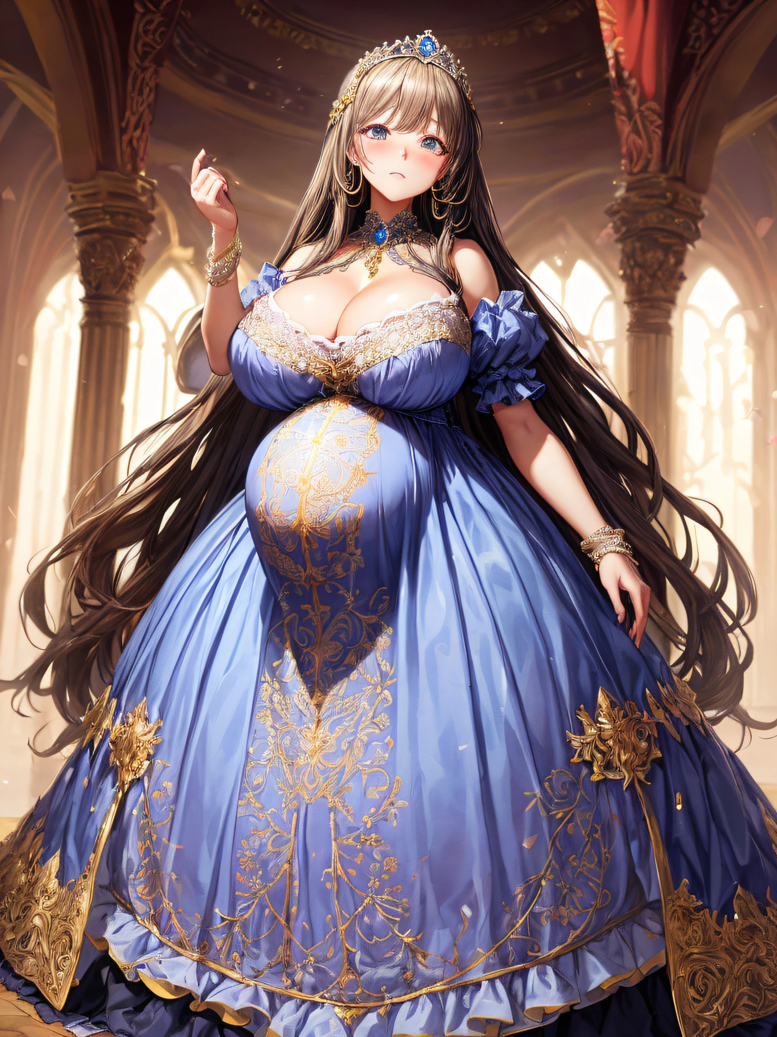 (masterpiece, best quality,extremely detailed:1.1),(moe anime art style:1.2),1girl,((full body,focus face)),((solo)), cute, kawaii,digital art,((1 bling-bling pregnant princess wearing beautiful embroidery and jeweled gorgeous rococo ballgown with jeweled voluminous full length hoop skirt)),(((heavily pregnant))),very big pregnant belly,((crinoline)),long train,voluminous frills,See-through,(gorgeous embroidery and beautiful lace),((very gigantic boobs,skindentation)),cleavage,shiny hair,(((very long hair,very long straight hair))),((embarrassed)),anguish,((finely detailed face and eyes)),clear pupil,extremely gorgeousfull hair ornament,(bling-bling jeweled extremely gorgeousfull tiara),(bling-bling gorgeous gemstone jewelry),long veil,(beautiful background),fantasy background,flowers,flower petals flowing,full body,((beautiful embroidery and jeweled ruffled gorgeous rococo ballgown with voluminous full length hoop skirt))