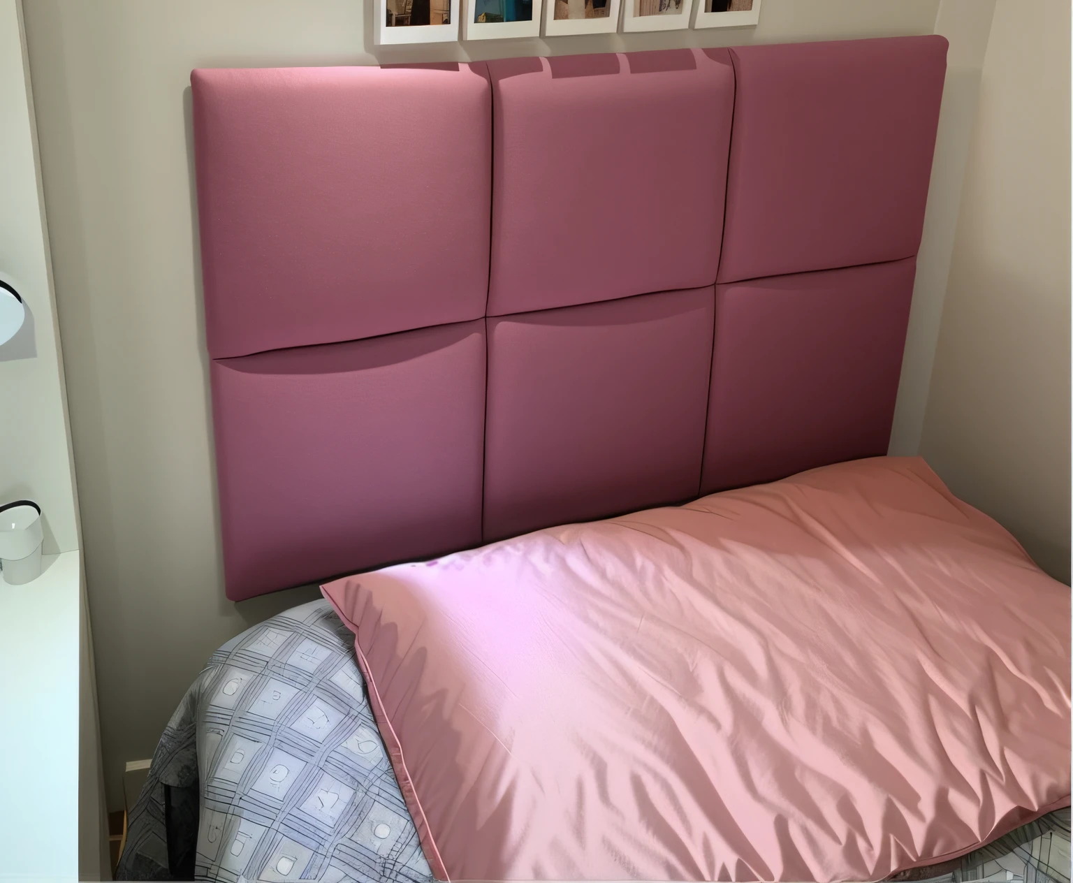 There is a pink headboard with a picture, Uma cama de fato, #Oc, rosa, # Oc, handmade, small bed not made, sob medida, cama, espuma, detalhes requintados e suaves, alta textura, cores brilhantes, Coloridas, cair o queixo, Esculpido, Panels, Detalhe perfeito, almofadas macias, Hand drawn, moderno", angular, totalmente coberto