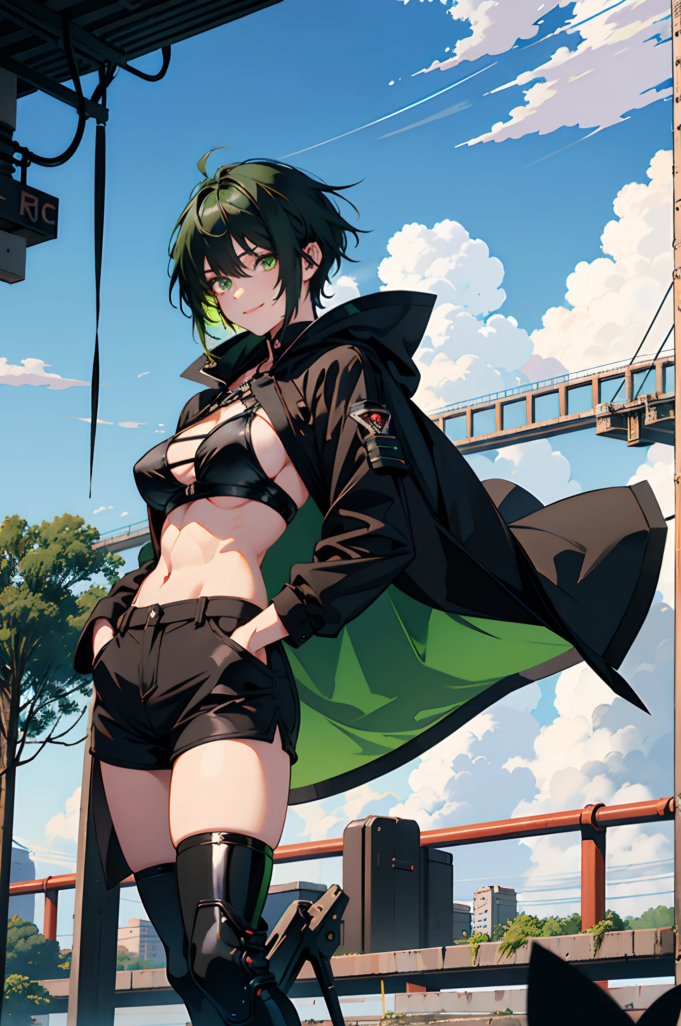 Pure sky,mechanical leg,Black mechanical legs,Plump legs,Green gem setting,Anime girl standing gracefully on the ground,Black cape and green hair, rogue anime girl, Anime girl standing, Wearing a cloak on the blasted plain, asuka suit under clothes!, Cyborg girl, badass posture, mechanic punk outfit, anime styled 3d, render of a cute 3d anime girl, gapmoe yandere grimdark, Female character,musculature,Abs,Glowing green eyes,Black hair with green gradient,short detailed hair,Bunched hair,Dull hair,(Muscle 2.0),Tomboyish,Be red in the face,looking at viewert,Elaborate Eyes,Black mechanical legs,huge tit,1.5,Put your hands in your pockets,ssmile,blacksilk,Straight big breasts,strappy,Black openwork hot pants,White bandeau,Toothless smile,Lower breast,Mechanical wind,There are no cities,Side breasts