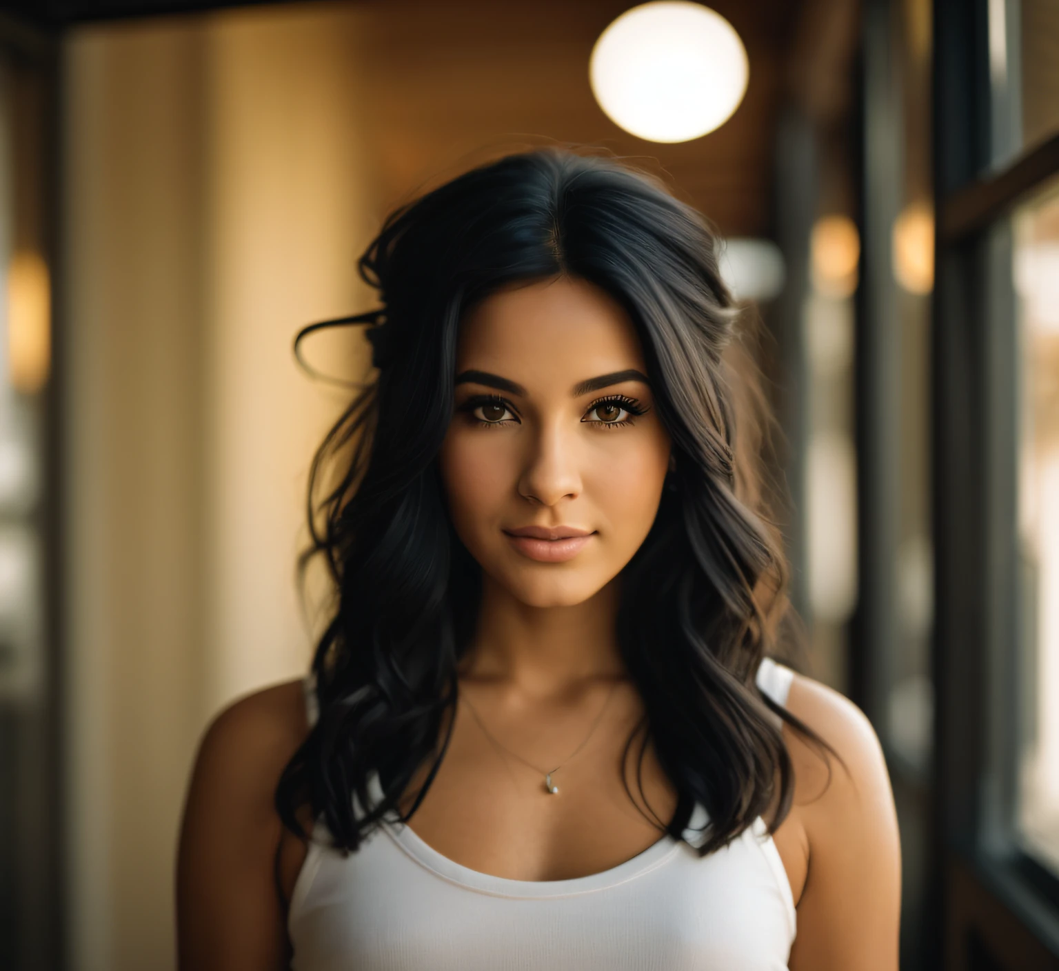 Arafed woman with long black hair and white tank top looking at the camera, lindo rosto latino, foto de uma mulher bonita, Retrato de 50mm, cinematic headshot portrait, Retrato de 60mm, 7 0 mm portrait, Retrato Sophie Mudd, cabelos pretos e olhos grandes, medium portrait soft light, cabelos pretos e olhos castanhos, Retrato mid-shot de uma bela