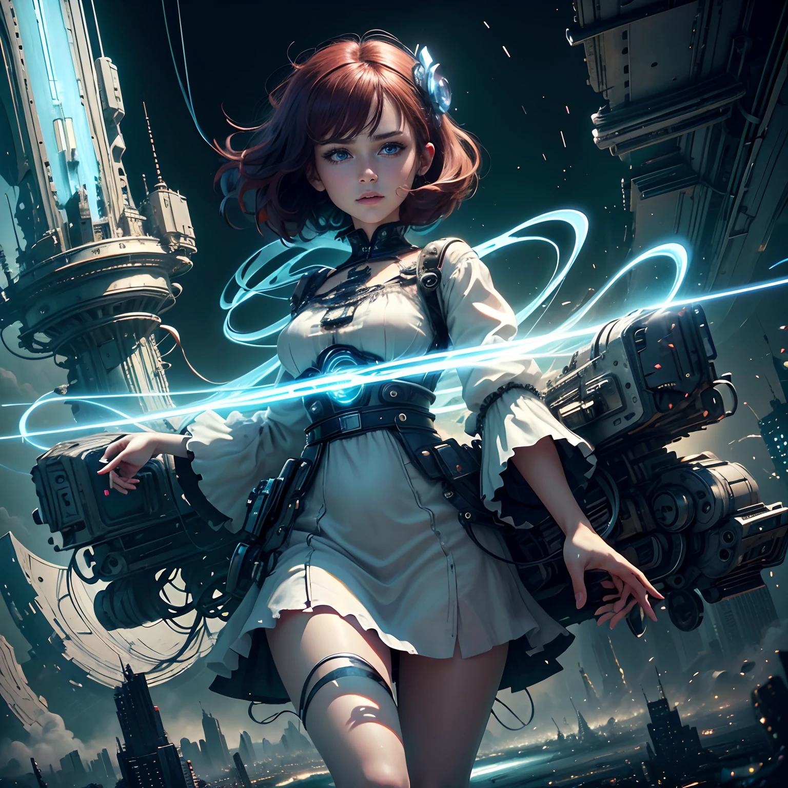 high quality, masterpiece, exquisite, 8k, highly detailed, Digital art, realistic,photo realistic, ultra realistic, a 20 years old girl,highly detailed face, peaceful face,big eyes,long eyelashes,wearing a white dress,black shoes,(deep blue eyes),(red hair),(short hair),flat chest, (futureristic city), (destroyed city), neon glow,floating many debris