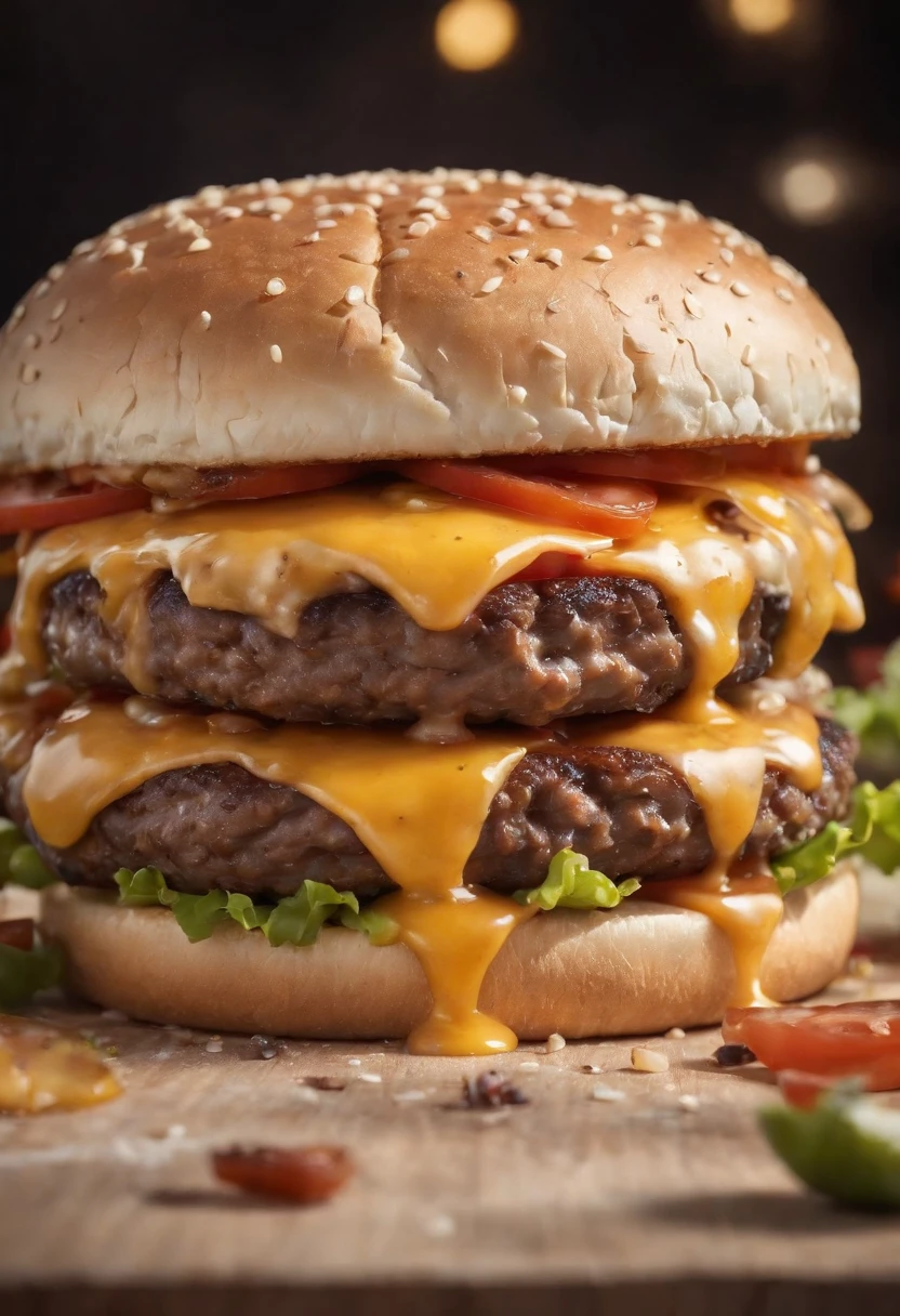 A burger falling in pieces juicy, tasty, hot, promotional photo, intricate details, hdr, cinematic, adobe lightroom, highly detailed