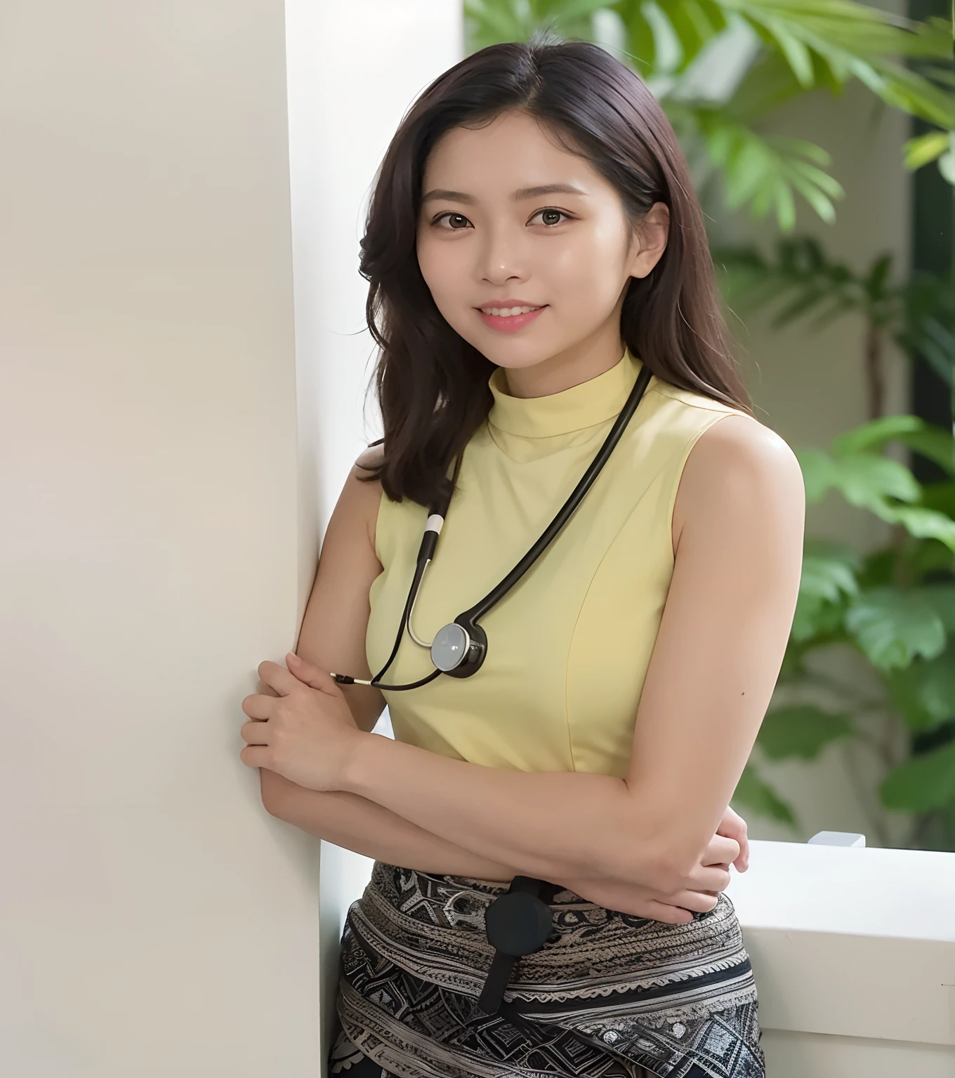 arafed woman in a yellow top and black skirt leaning against a wall, cindy avelino, with a stethoscope, medical doctor, doctor, 2 7 years old, wearing lab coat and a blouse, 2 8 years old, 2 9 years old, mai anh tran, leaked photo, 2 4 years old, natasha tan maciej kuciara