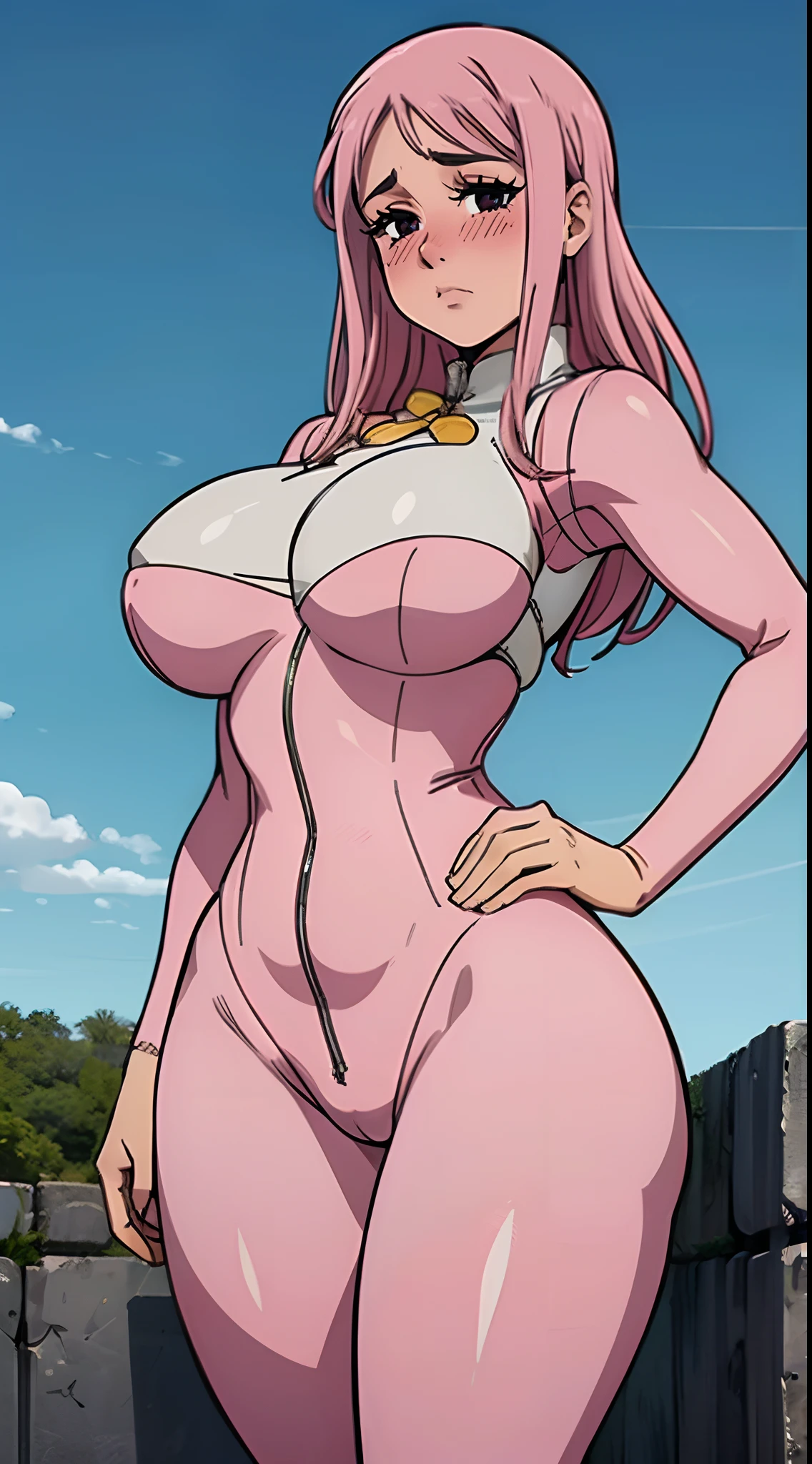 (melhor qualidade:1.3), (qualidade 4K), MelaScula por Nanatsu no Taizai, ((rosto detalhado)), ((body curvy)), ((corar)), (peitos grandes), clivagem, sexy, (bodysuit branco)