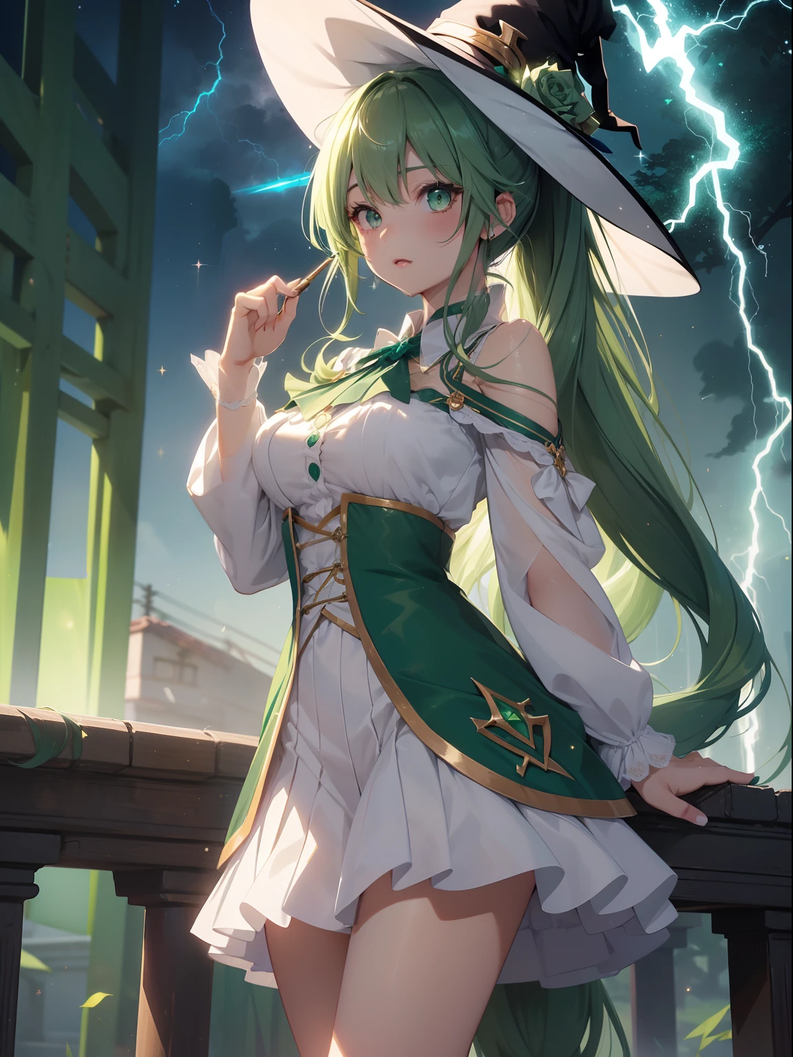 masutepiece, High resolution, 8K, anime woman, Delicate and detailed writing 、Detailed digital illustration、absurdly long hair、(((Ponytail)))、Shiny hair、a very beautiful woman、Eyes are double, Large,Little hanging eyes、 Bust E Cup、High image quality, High quality、Detailed background、((Wizard Background))、The inside of the eye shines like a diamond、(((Dark green hair)))、Gradient pupil、(((2 arms、4 fingers, 1 thumb)))、Detailed female face、a very beautiful woman、、细致背景、​masterpiece、Soft Focus , Bright gradient watercolor , Lens Flare , (((Glitter))) , Glow , Dreamy ,a miniskirt、Idol、Light Green Ribbon、Very beautiful light green rose hair accessories、Light green and gold costume with white as the main color、((Macroface))、(Cool Girl).Tall lady、Dignified.((No bangs))、(((Witch)))、holding a magic wand、Thunder background、Witch Hat、(((lightning)))
