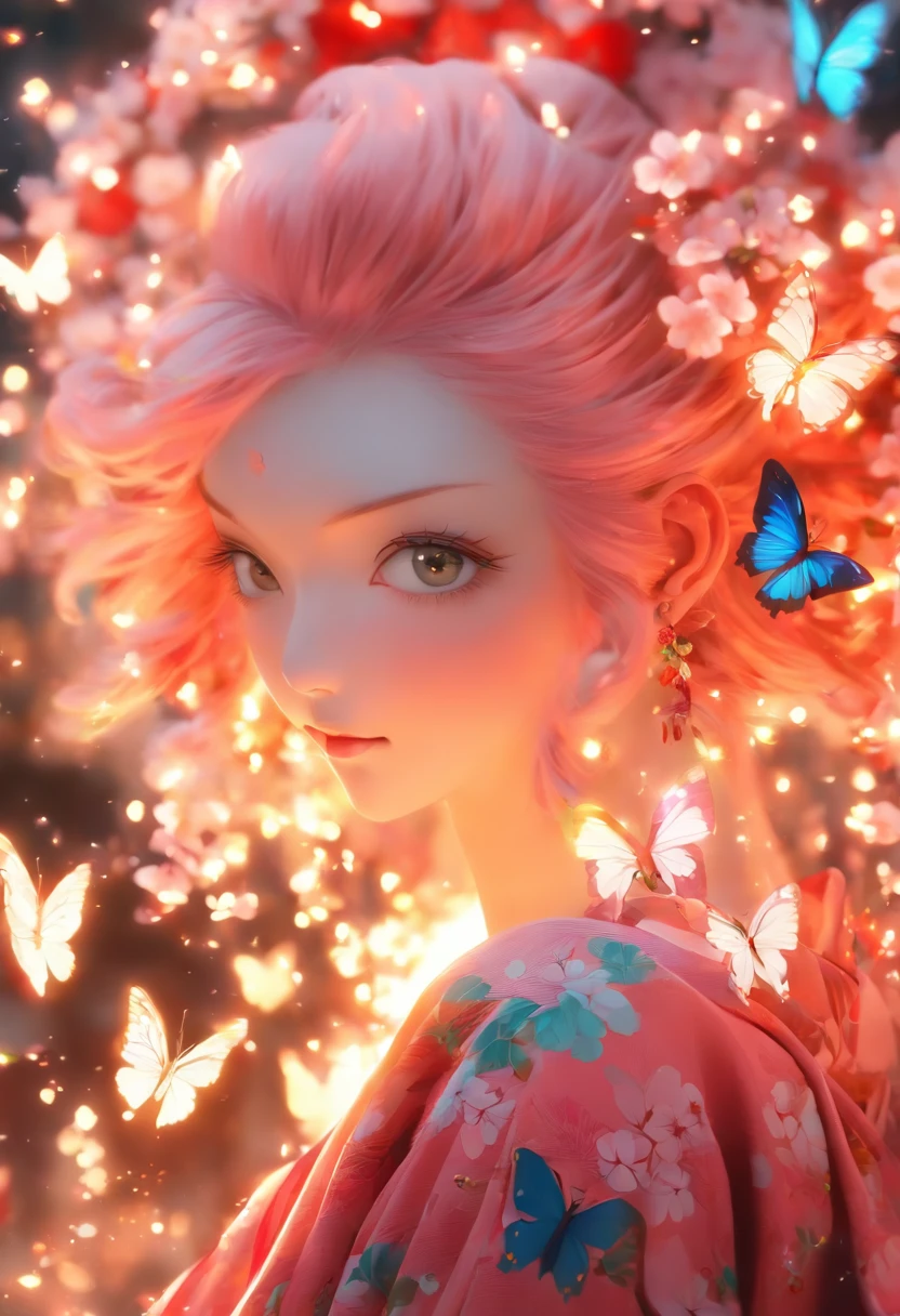 The most beautiful and sexy cherry goddess, long beautiful pink hair, Glowing white eyes, The most beautiful、Wearing a highly detailed kimono, Butterfly wings, Lots of tattoos and piercings, Cherry blossoms and butterflies blowing in the wind, perfect masterpiece, High quality, High resolution
