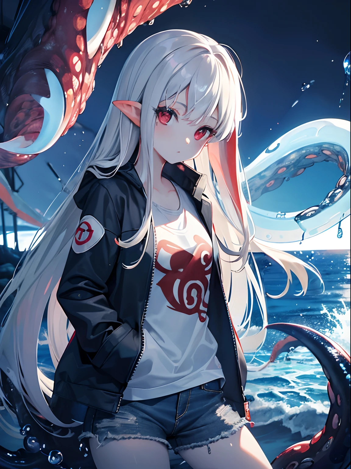 (Masterpiece, Best quality, ultra high resolution),1girl,red eyes, beautiful and detailed face, detailed eyes,(squid girl,tentacles),denim shorts, jacket,in the beach, night,((grey and blue theme))