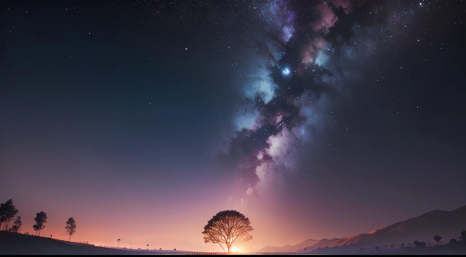 fotografia de paisagem expansiva, (lua cheia: 1.2), (estrelas cadentes: 0.9), (nebulosa: 1.3), montanha distante , BREAK tree production art, (fonte de luz quente: 1.2), (Firefly: 1.2), lamp, muito roxo e laranja, detalhes complexos, volumetric lighting BREAK (obra-prima: 1.2), (melhor qualidade), 4k, ultradetalhado , (dynamic compositing: 1.4), detalhes coloridos altamente detalhados (cores iridescentes: 1.2), (bright illumination, Atmospheric Illumination), sonhador, magica, (solo: 1.2)